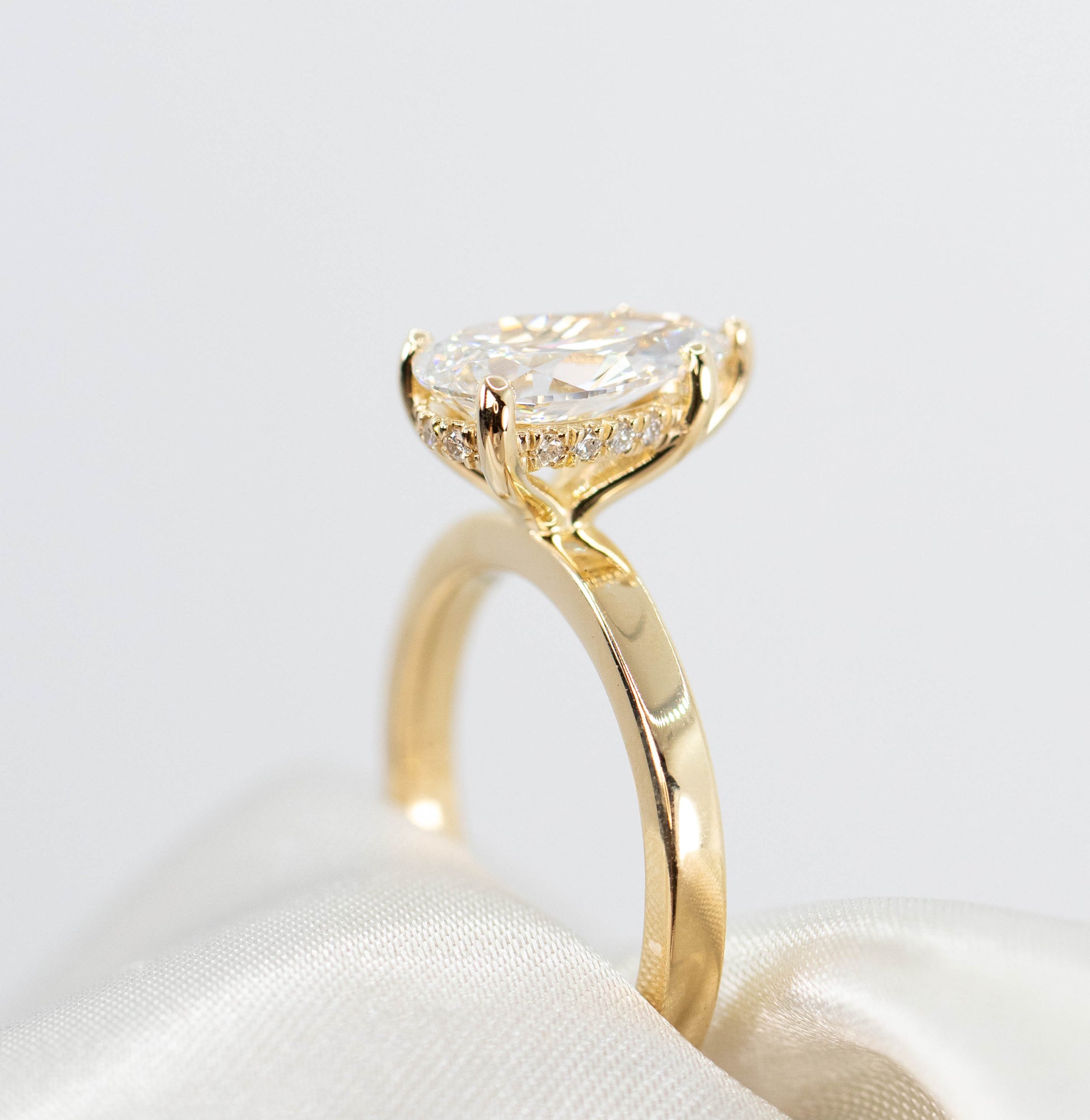 Adele Ring with a 1.98 Carat Lab Grown Pear Diamond and Hidden Diamond Halo in 14k Yellow Gold - Ready to Size and Ship - Midwinter Co. Alternative Bridal Rings and Modern Fine Jewelry