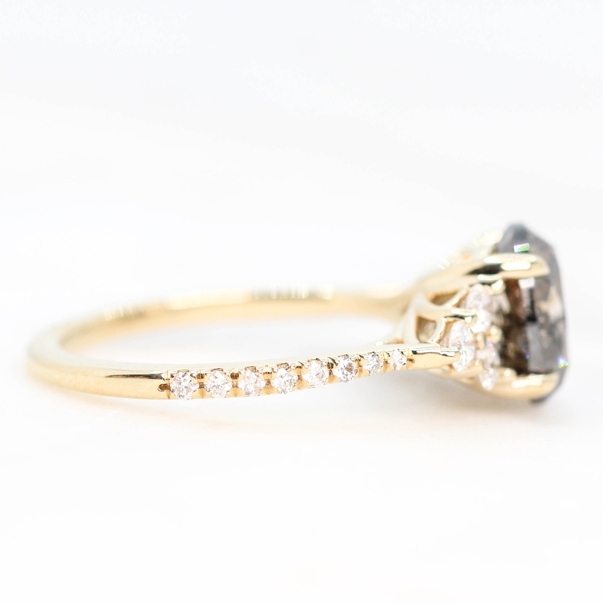 Alexandra Ring with a 2.75 Carat Oval Champagne Salt and Pepper Diamond and White Accent Diamonds in 14k Yellow Gold - Ready to Size and Ship - Midwinter Co. Alternative Bridal Rings and Modern Fine Jewelry