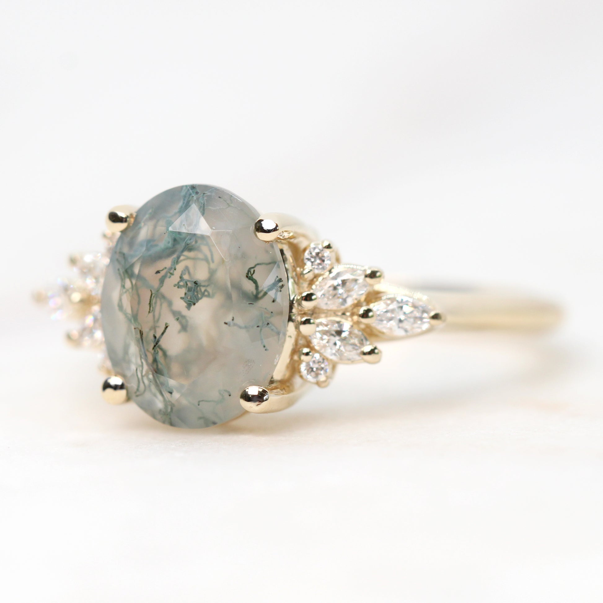 Odette Ring with an Oval Moss Agate and White Accent Diamonds - Made to Order, Your Choice of 14k Gold - Midwinter Co. Alternative Bridal Rings and Modern Fine Jewelry