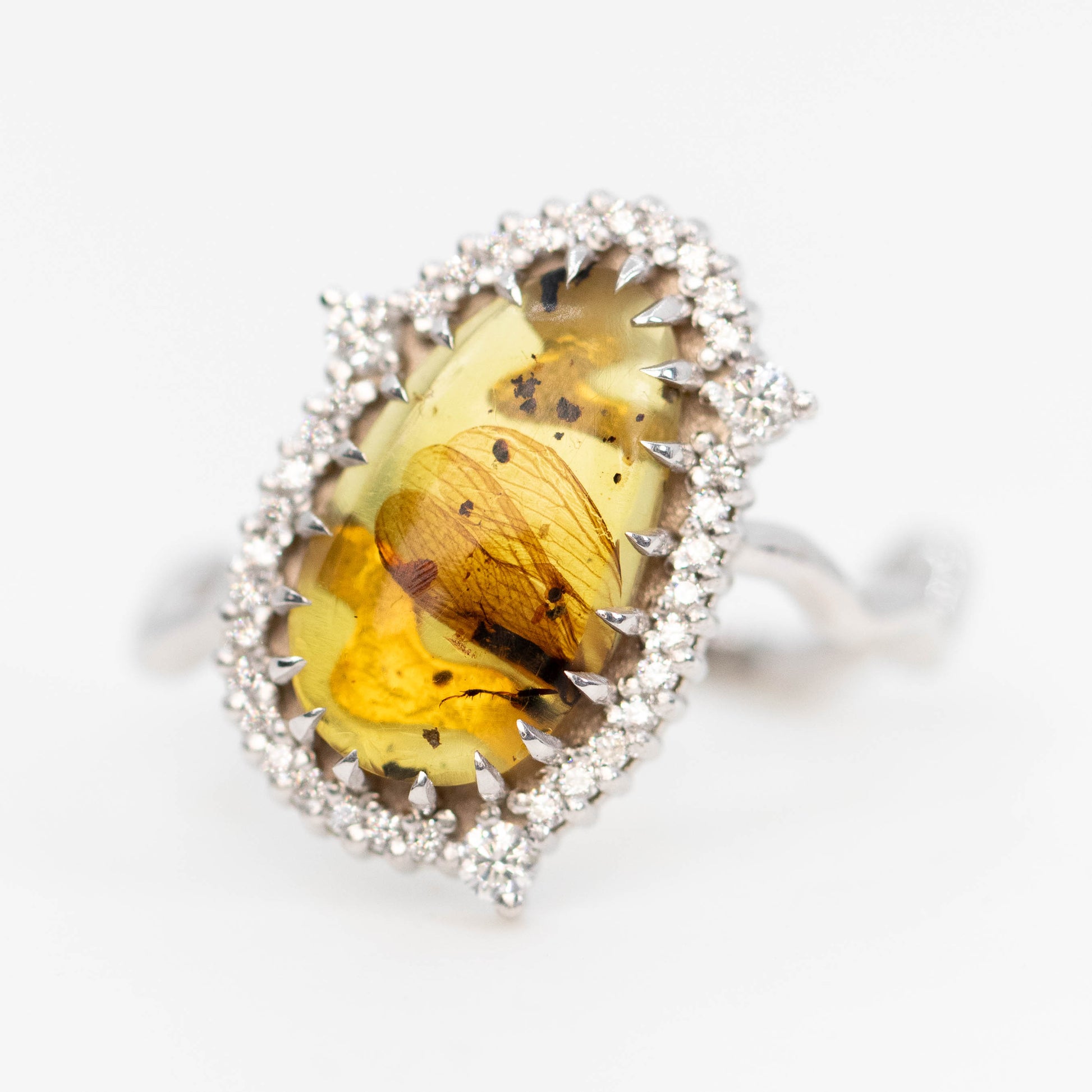 Beatrix Ring with a 1.33 Carat Pear Cabochon Amber with Internal Insect Wings and White Accent Diamonds in 14k White Gold - Ready to Size and Ship - Midwinter Co. Alternative Bridal Rings and Modern Fine Jewelry
