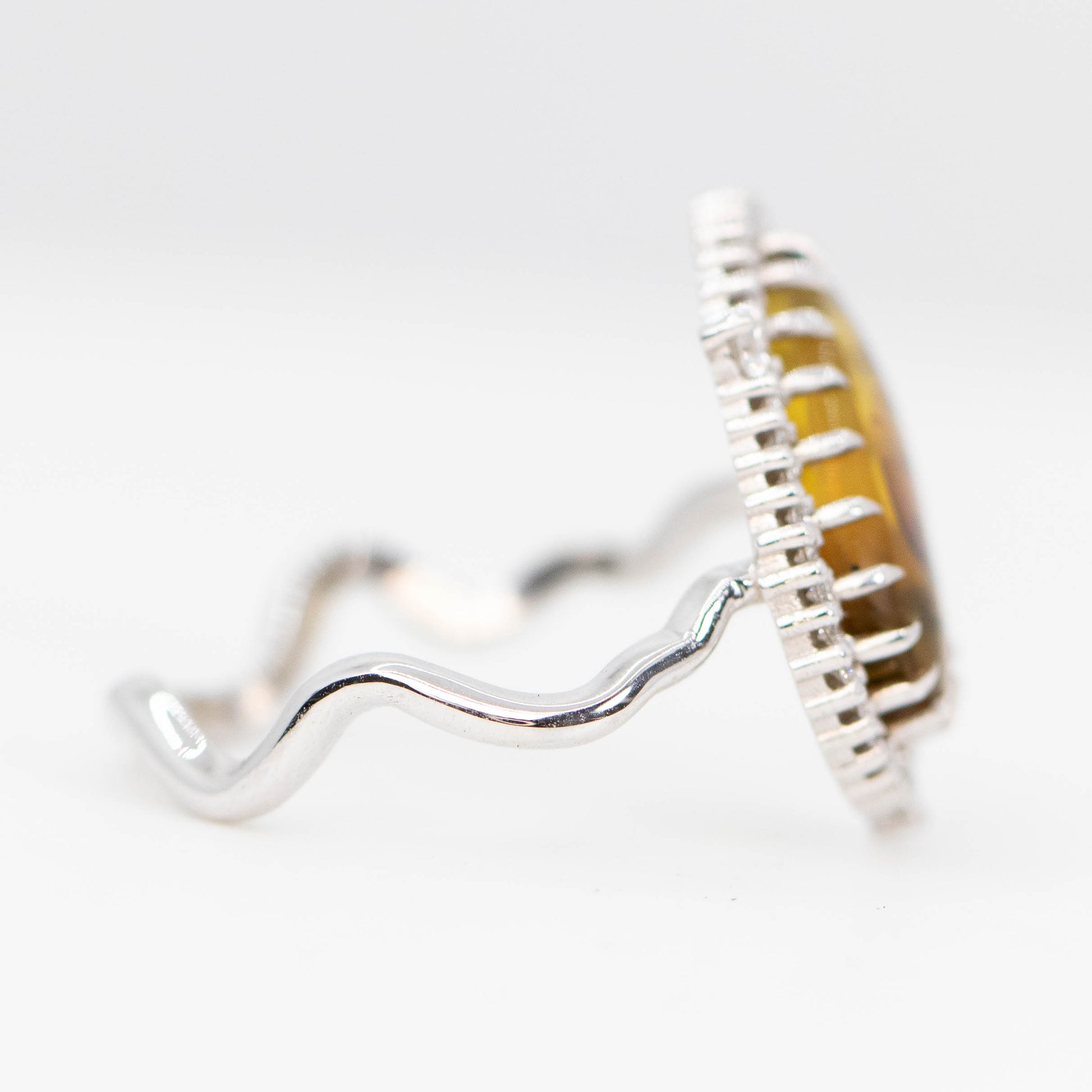 Beatrix Ring with a 1.33 Carat Pear Cabochon Amber with Internal Insect Wings and White Accent Diamonds in 14k White Gold - Ready to Size and Ship - Midwinter Co. Alternative Bridal Rings and Modern Fine Jewelry