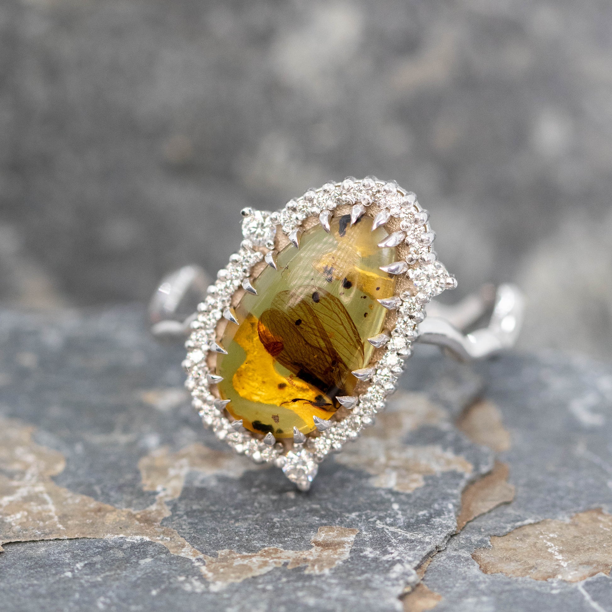 Beatrix Ring with a 1.33 Carat Pear Cabochon Amber with Internal Insect Wings and White Accent Diamonds in 14k White Gold - Ready to Size and Ship - Midwinter Co. Alternative Bridal Rings and Modern Fine Jewelry