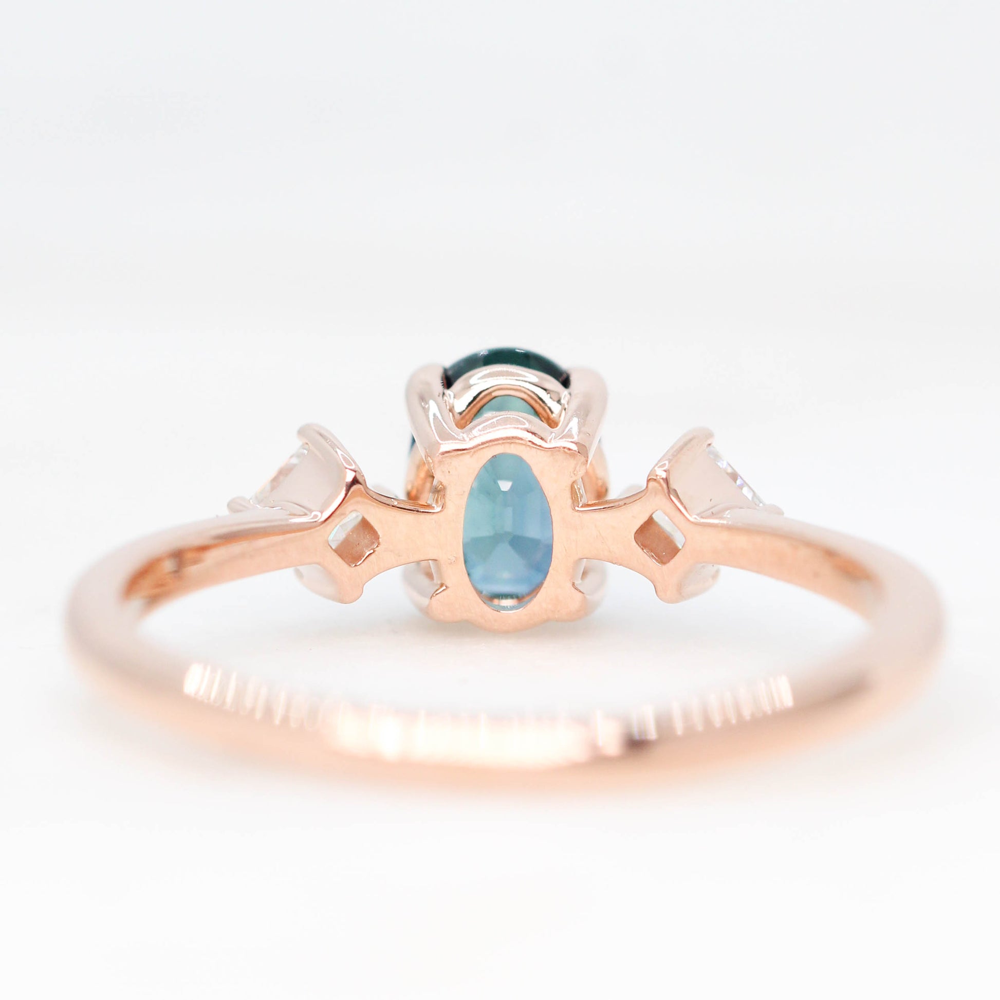 Angelique Ring with a 1.07 Carat Teal Oval Madagascar Sapphire and White Accent Diamonds in 14k Rose Gold - Ready to Size and Ship - Midwinter Co. Alternative Bridal Rings and Modern Fine Jewelry