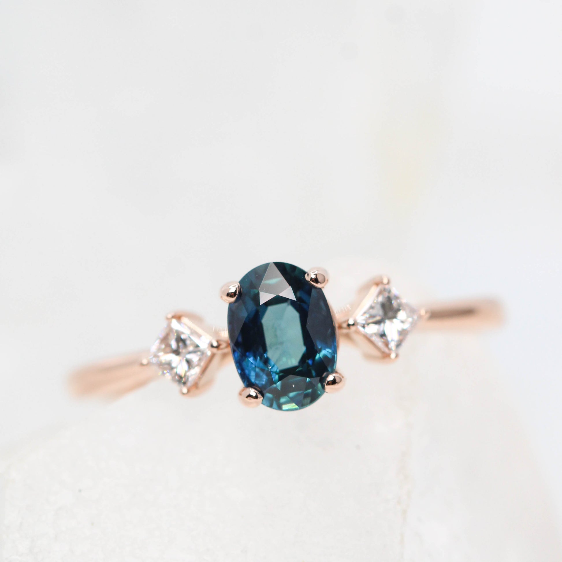 Angelique Ring with a 1.07 Carat Teal Oval Madagascar Sapphire and White Accent Diamonds in 14k Rose Gold - Ready to Size and Ship - Midwinter Co. Alternative Bridal Rings and Modern Fine Jewelry