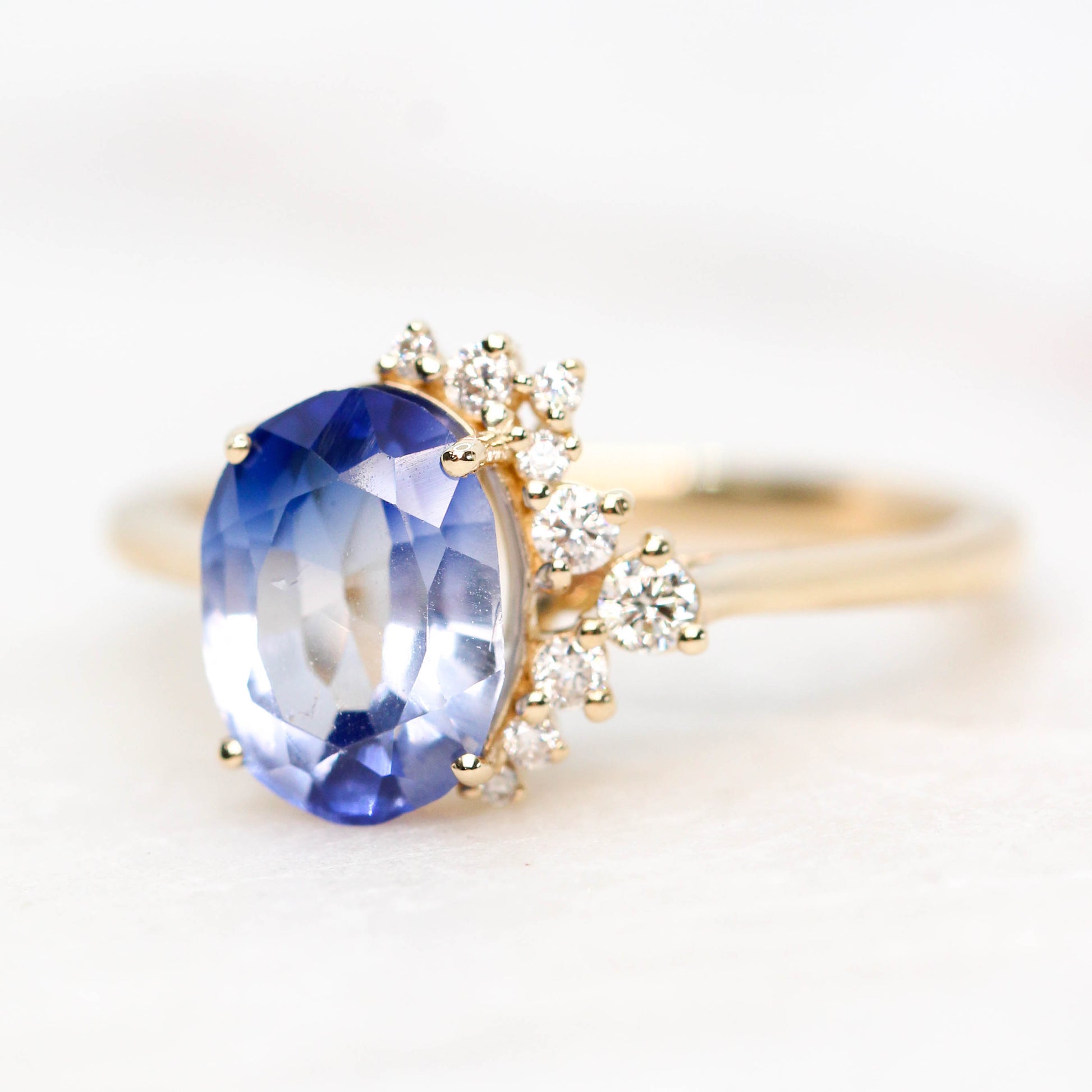 Anila Ring with a 2.63 Carat Oval Blue Sapphire and White Accent Diamonds in 14k Yellow Gold - Ready to Size and Ship - Midwinter Co. Alternative Bridal Rings and Modern Fine Jewelry