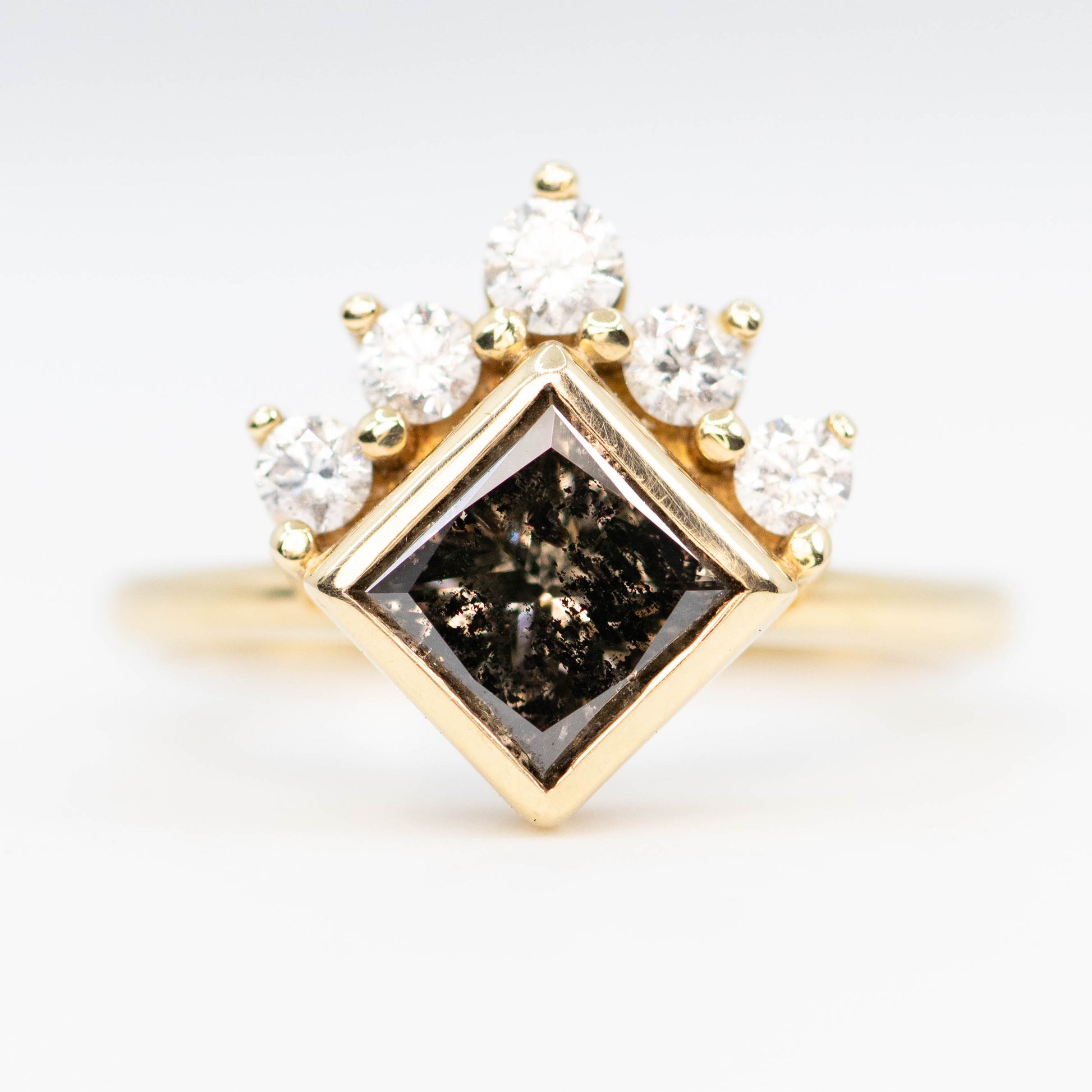 Ashlyn Ring with a 1.62 Carat Dark Champagne Salt and Pepper Princess Cut Diamond in 14K Yellow Gold - Ready to Size and Ship - Midwinter Co. Alternative Bridal Rings and Modern Fine Jewelry