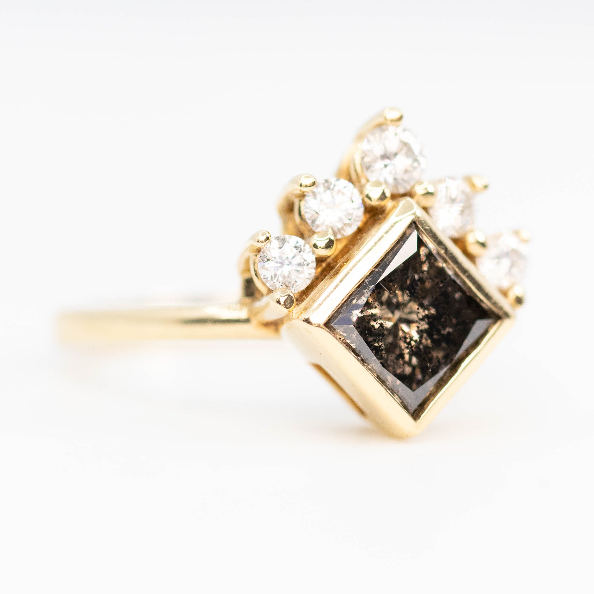 Ashlyn Ring with a 1.62 Carat Dark Champagne Salt and Pepper Princess Cut Diamond in 14K Yellow Gold - Ready to Size and Ship - Midwinter Co. Alternative Bridal Rings and Modern Fine Jewelry
