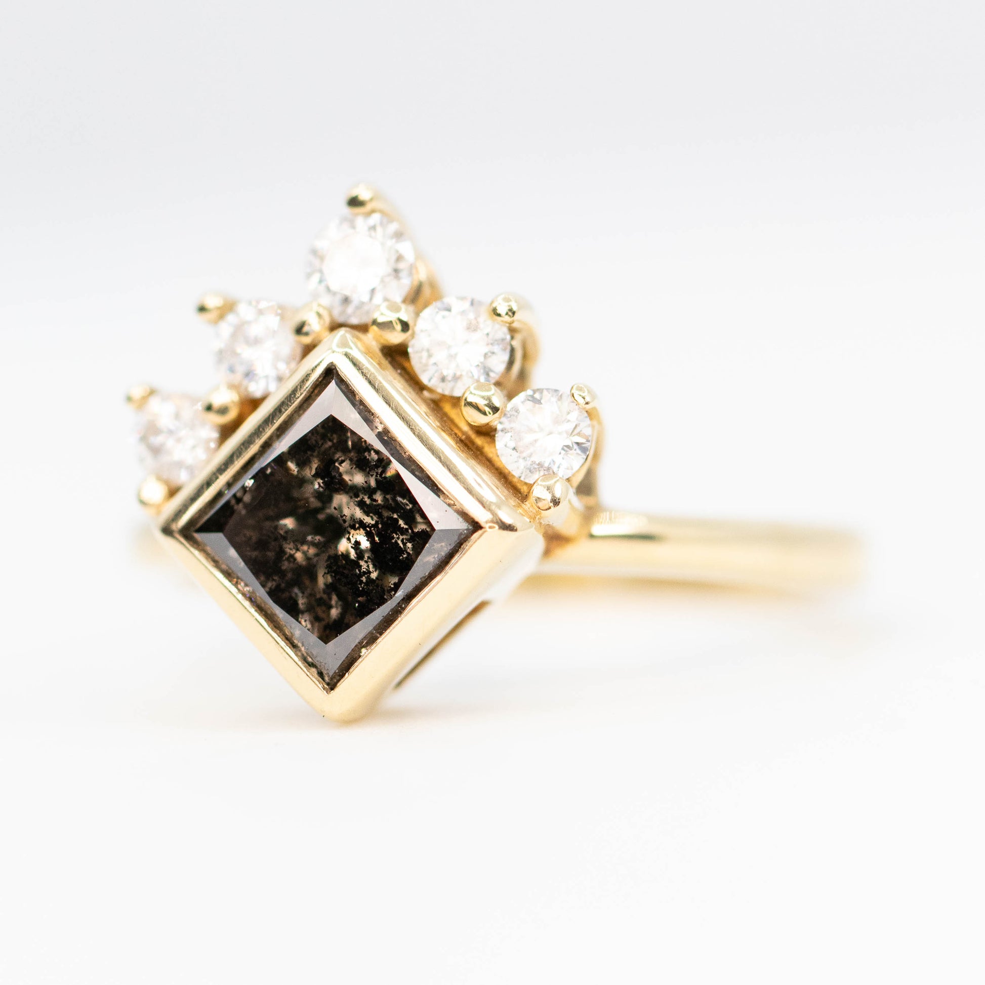 Ashlyn Ring with a 1.62 Carat Dark Champagne Salt and Pepper Princess Cut Diamond in 14K Yellow Gold - Ready to Size and Ship - Midwinter Co. Alternative Bridal Rings and Modern Fine Jewelry