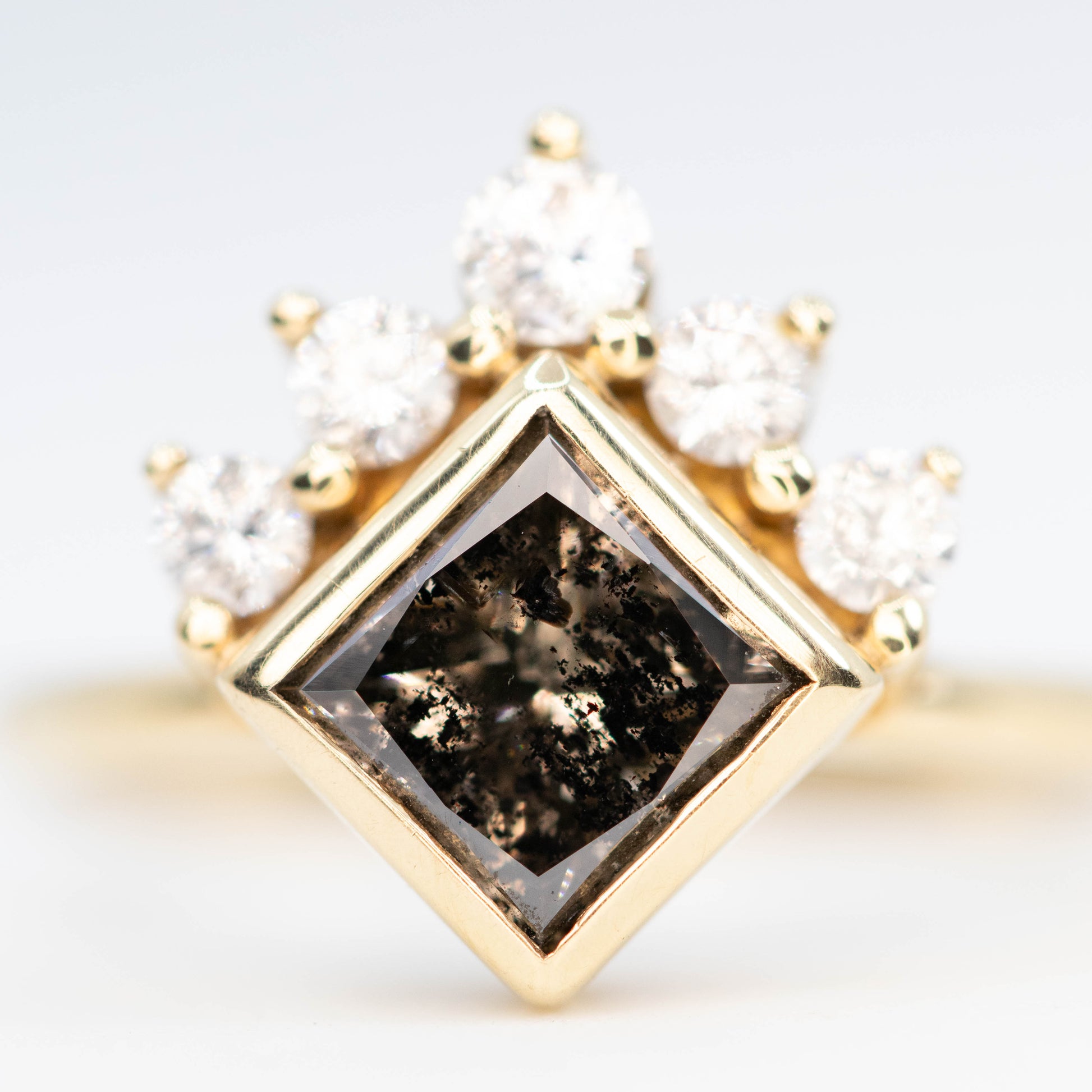 Ashlyn Ring with a 1.62 Carat Dark Champagne Salt and Pepper Princess Cut Diamond in 14K Yellow Gold - Ready to Size and Ship - Midwinter Co. Alternative Bridal Rings and Modern Fine Jewelry