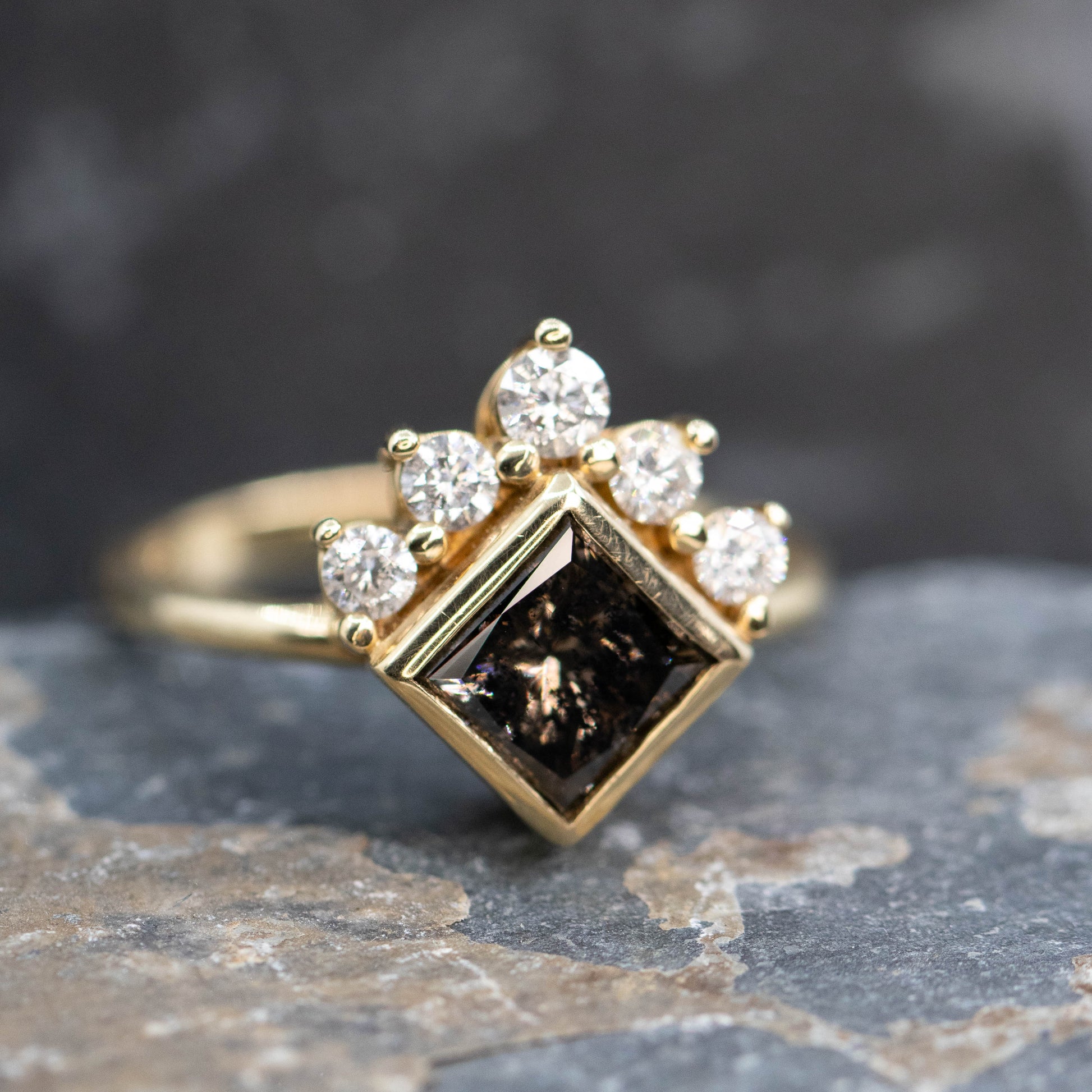 Ashlyn Ring with a 1.62 Carat Dark Champagne Salt and Pepper Princess Cut Diamond in 14K Yellow Gold - Ready to Size and Ship - Midwinter Co. Alternative Bridal Rings and Modern Fine Jewelry