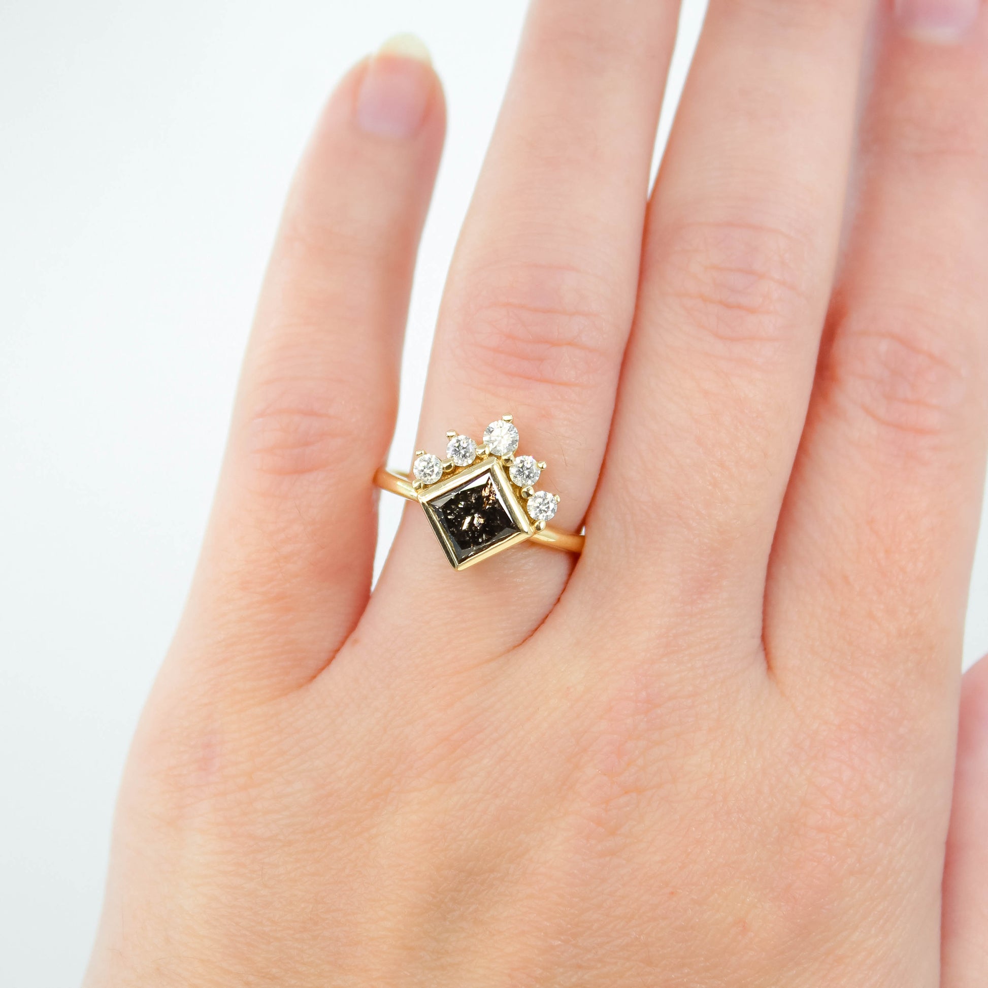 Ashlyn Ring with a 1.62 Carat Dark Champagne Salt and Pepper Princess Cut Diamond in 14K Yellow Gold - Ready to Size and Ship - Midwinter Co. Alternative Bridal Rings and Modern Fine Jewelry