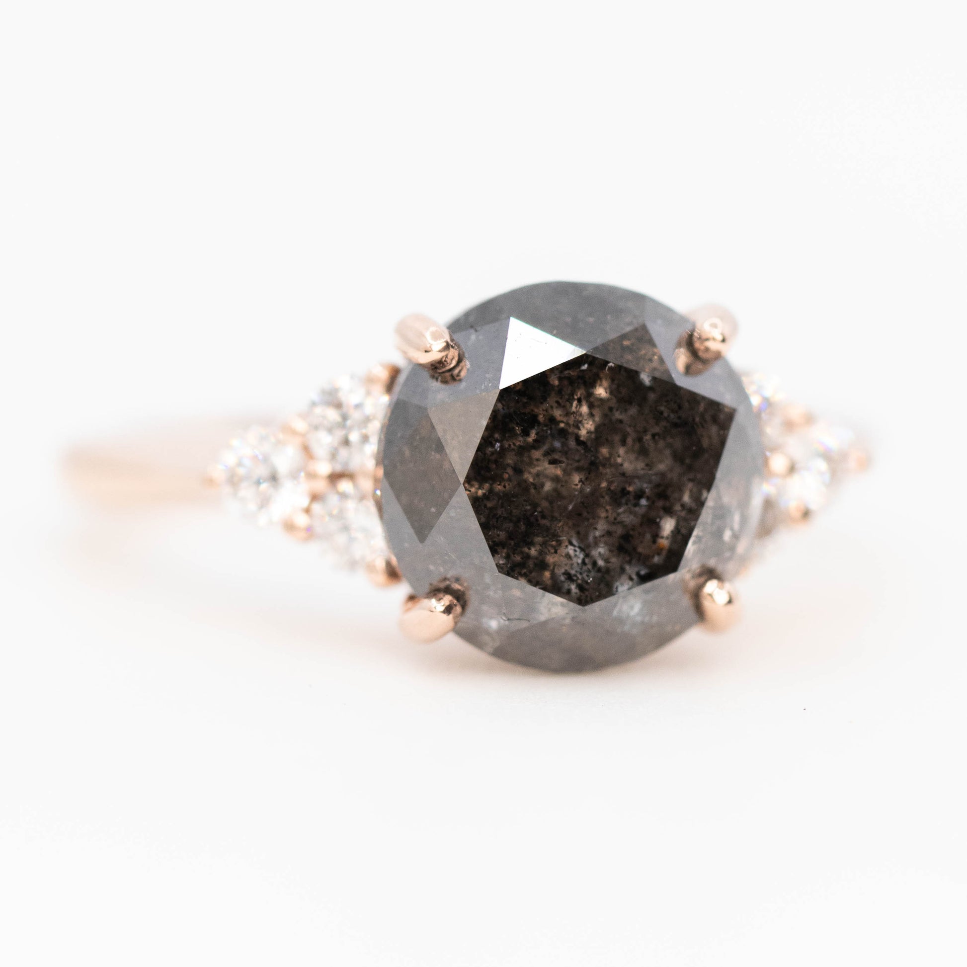Aster Ring with a 4.84 Carat Dark Salt and Pepper Diamond and White Accent Diamonds in 14k Rose Gold - Ready to Size and Ship - Midwinter Co. Alternative Bridal Rings and Modern Fine Jewelry