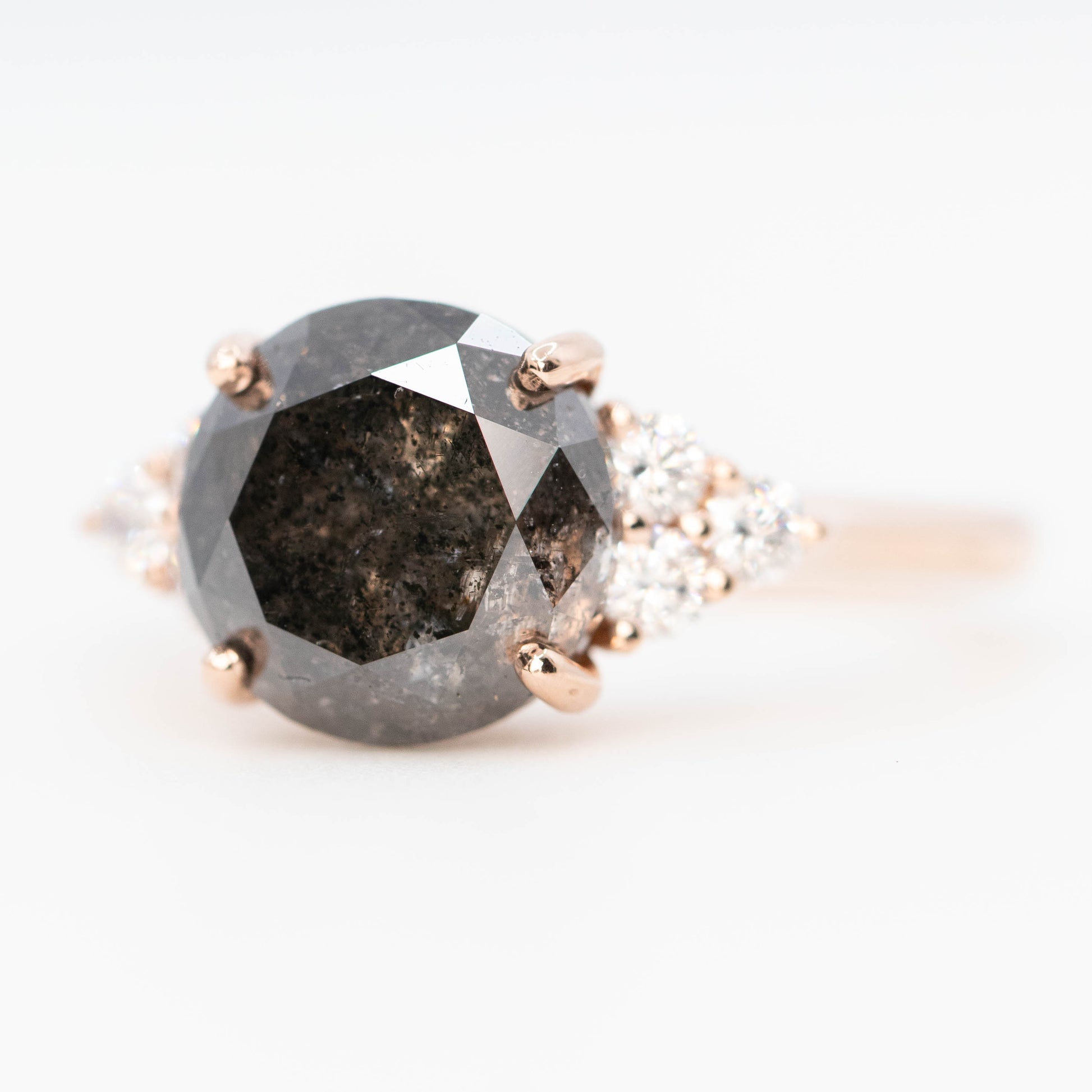 Aster Ring with a 4.84 Carat Dark Salt and Pepper Diamond and White Accent Diamonds in 14k Rose Gold - Ready to Size and Ship - Midwinter Co. Alternative Bridal Rings and Modern Fine Jewelry