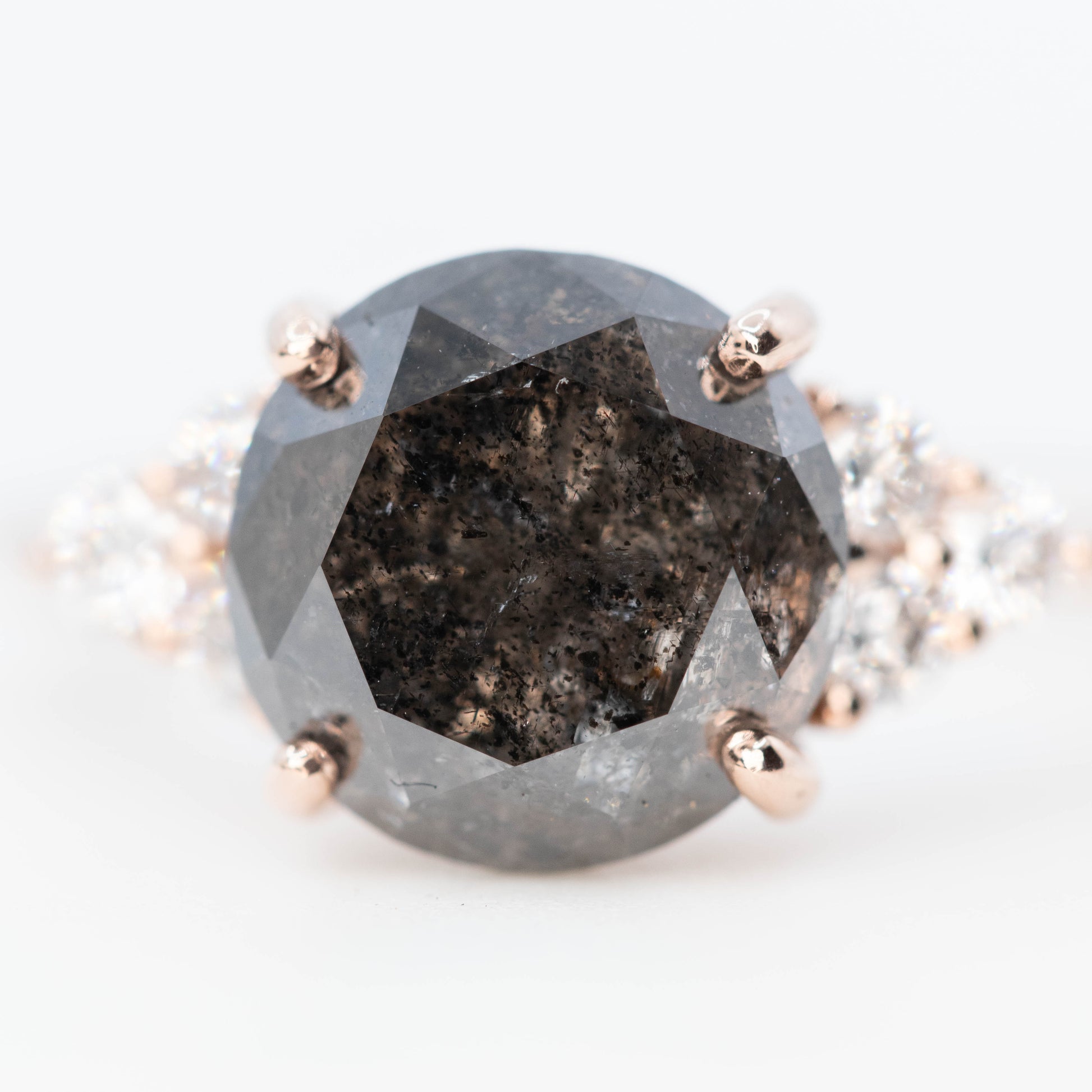 Aster Ring with a 4.84 Carat Dark Salt and Pepper Diamond and White Accent Diamonds in 14k Rose Gold - Ready to Size and Ship - Midwinter Co. Alternative Bridal Rings and Modern Fine Jewelry