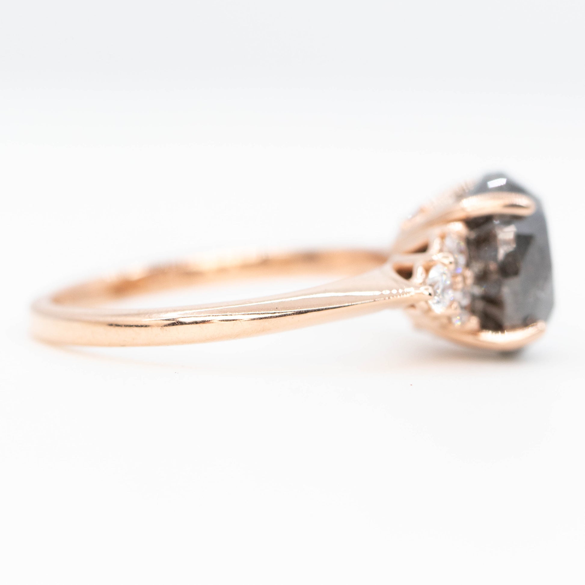 Aster Ring with a 4.84 Carat Dark Salt and Pepper Diamond and White Accent Diamonds in 14k Rose Gold - Ready to Size and Ship - Midwinter Co. Alternative Bridal Rings and Modern Fine Jewelry