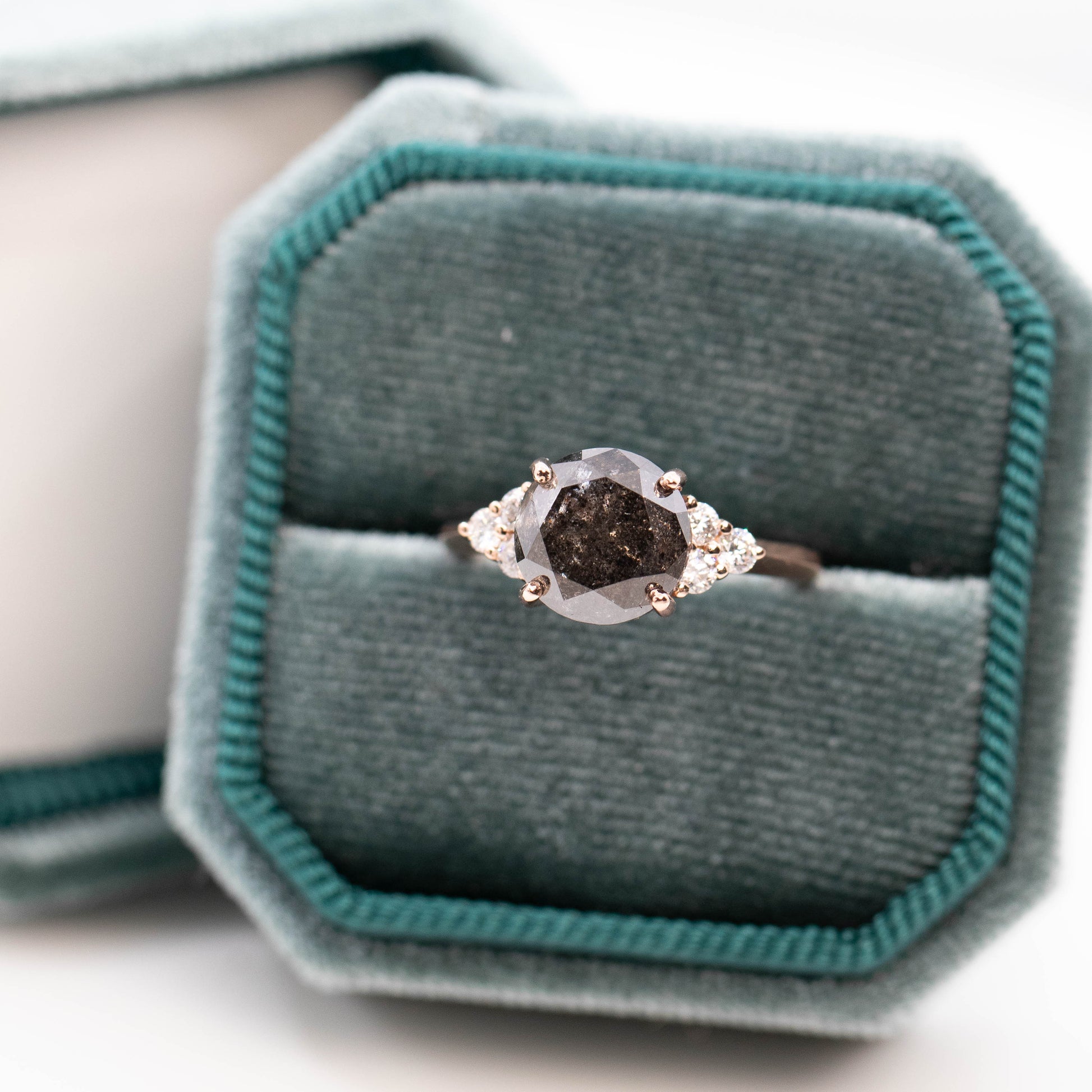Aster Ring with a 4.84 Carat Dark Salt and Pepper Diamond and White Accent Diamonds in 14k Rose Gold - Ready to Size and Ship - Midwinter Co. Alternative Bridal Rings and Modern Fine Jewelry
