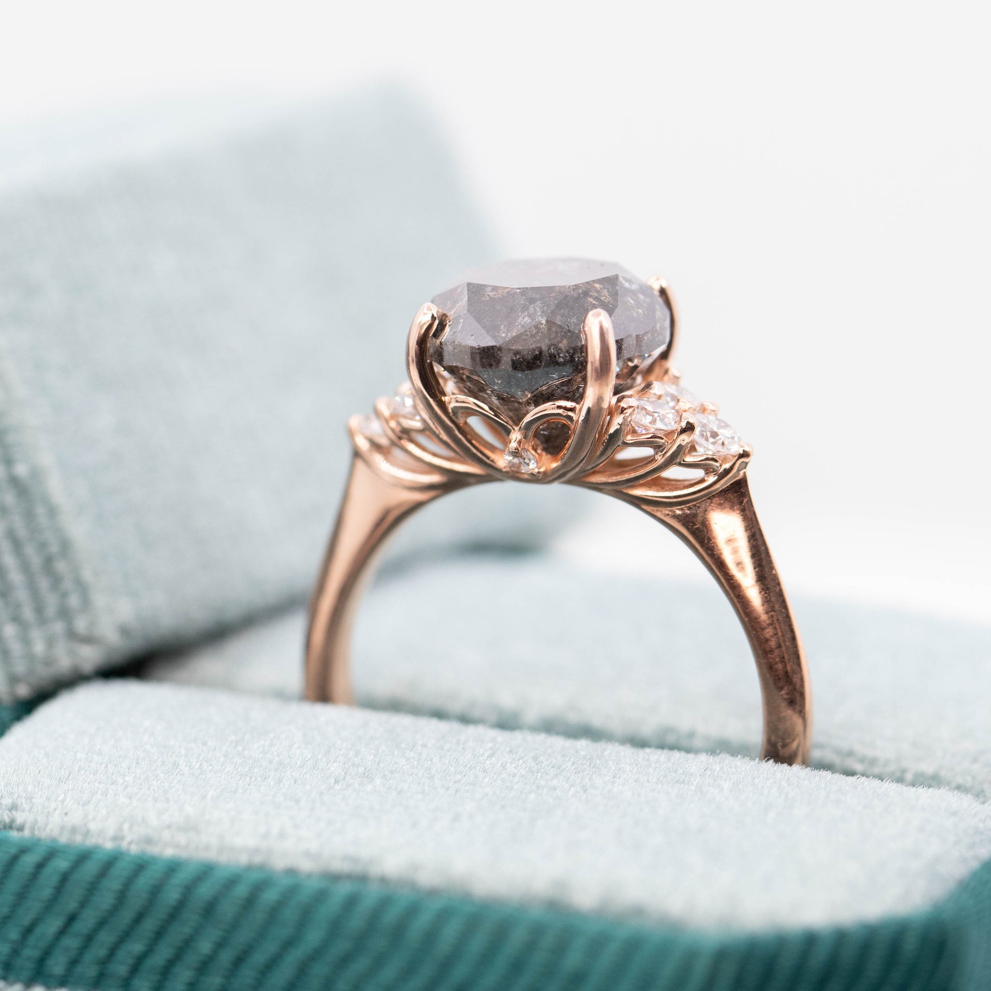 Aster Ring with a 4.84 Carat Dark Salt and Pepper Diamond and White Accent Diamonds in 14k Rose Gold - Ready to Size and Ship - Midwinter Co. Alternative Bridal Rings and Modern Fine Jewelry