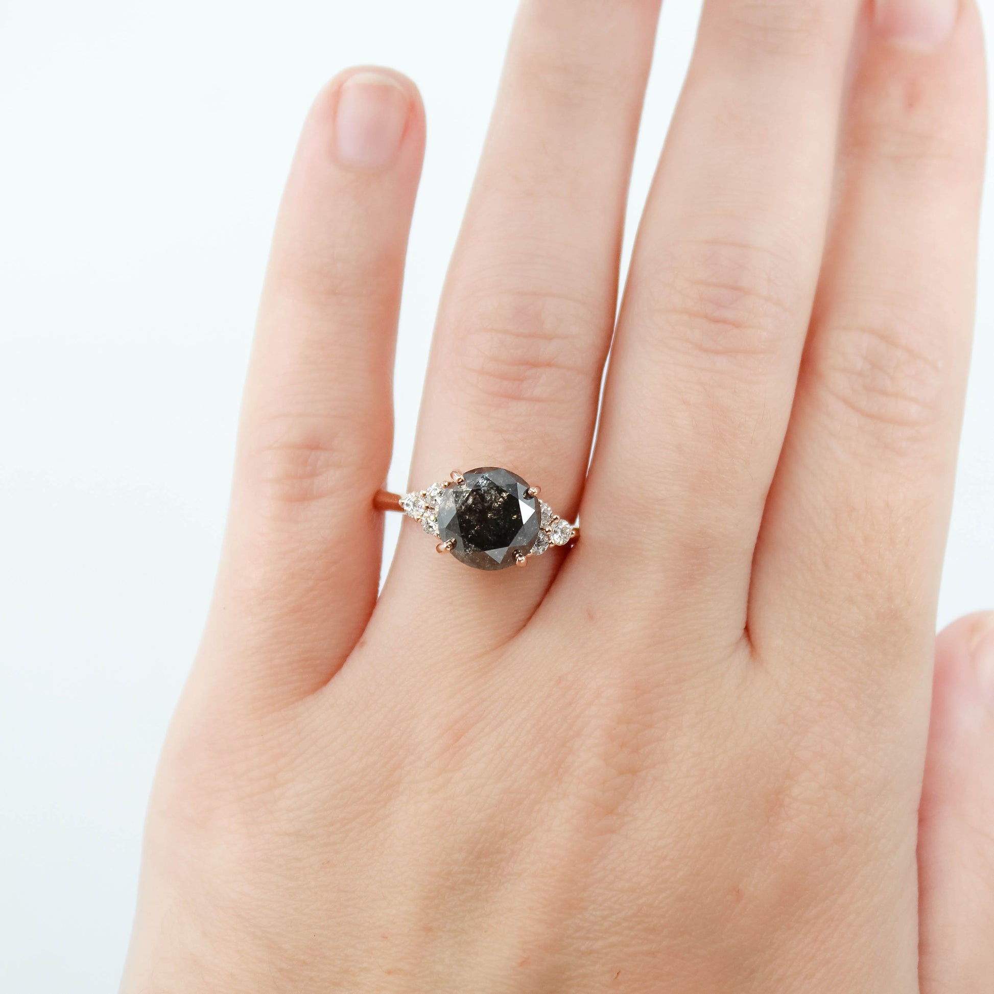 Aster Ring with a 4.84 Carat Dark Salt and Pepper Diamond and White Accent Diamonds in 14k Rose Gold - Ready to Size and Ship - Midwinter Co. Alternative Bridal Rings and Modern Fine Jewelry