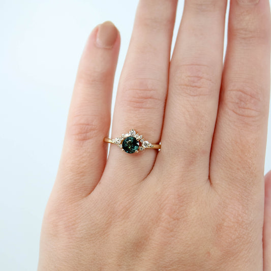 Athena Ring with a 0.85 Carat Teal Round Sapphire and White Accent Diamonds in 14k Yellow Gold - Ready to Size and Ship - Midwinter Co. Alternative Bridal Rings and Modern Fine Jewelry