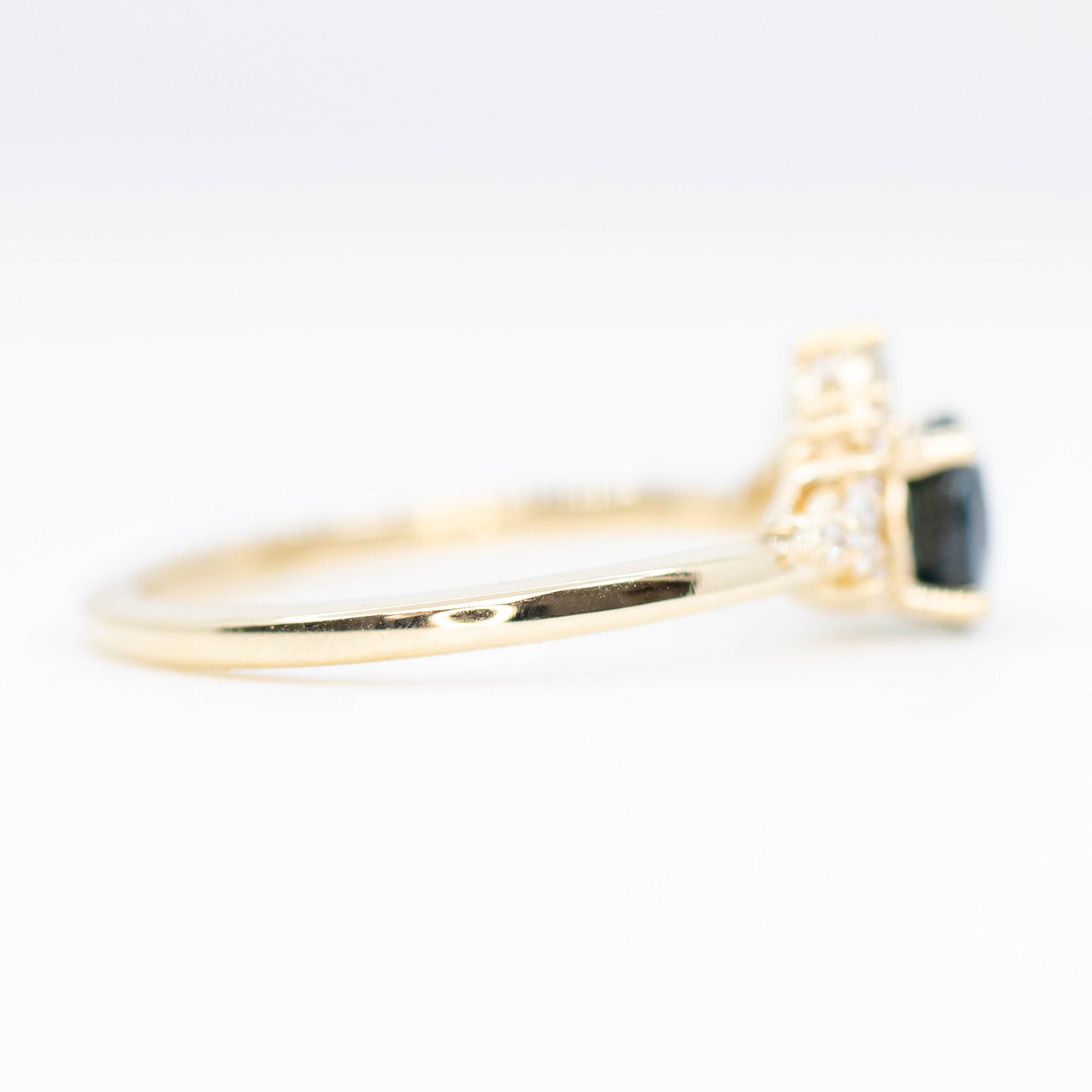 Athena Ring with a 0.85 Carat Teal Round Sapphire and White Accent Diamonds in 14k Yellow Gold - Ready to Size and Ship - Midwinter Co. Alternative Bridal Rings and Modern Fine Jewelry