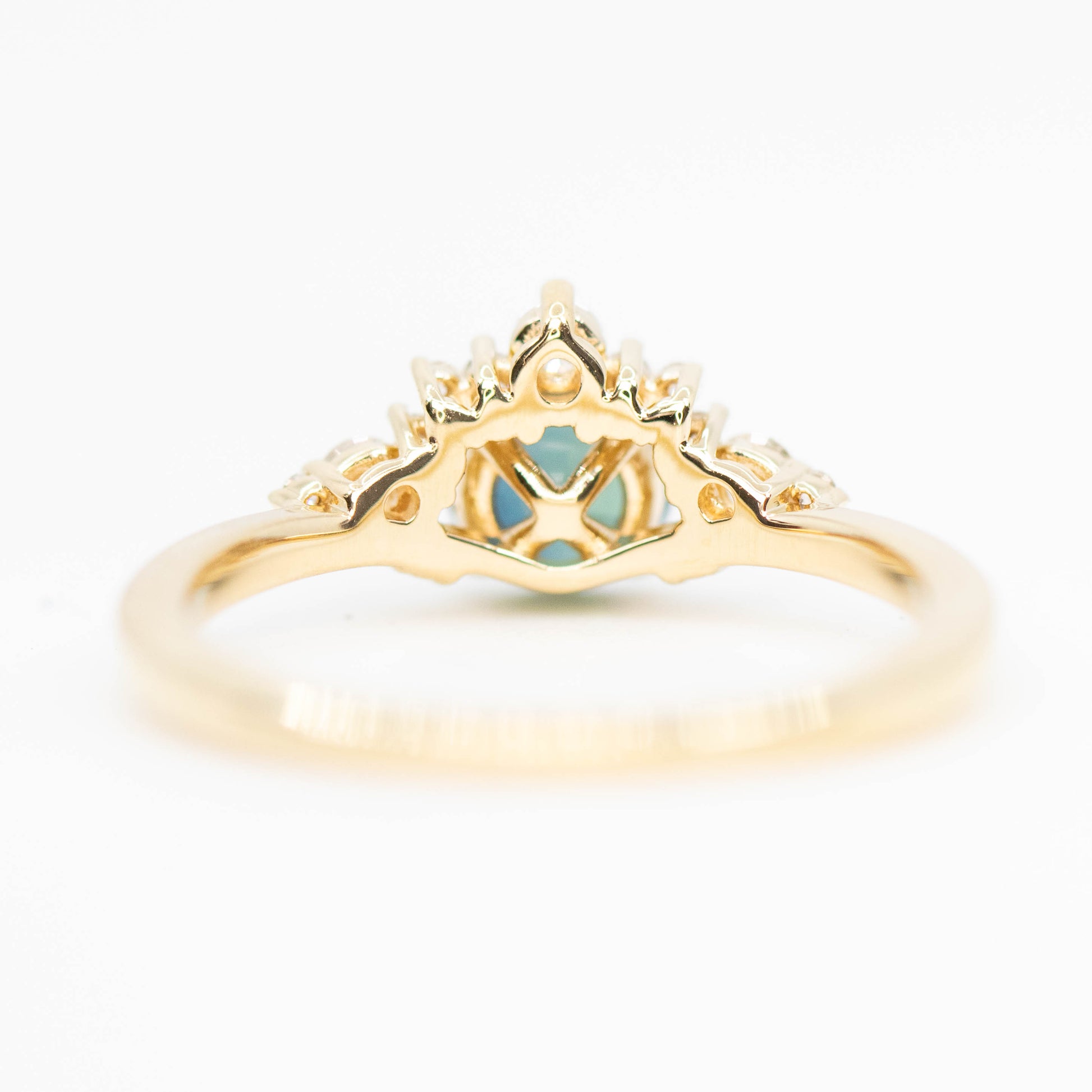 Athena Ring with a 0.85 Carat Teal Round Sapphire and White Accent Diamonds in 14k Yellow Gold - Ready to Size and Ship - Midwinter Co. Alternative Bridal Rings and Modern Fine Jewelry