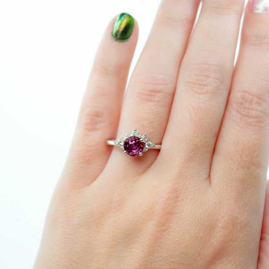 Athena Ring with a 1.72 Carat Round Berry Sapphire and White Accent Diamonds in 14k White Gold - Ready to Size and Ship