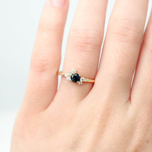 Baby Orion Ring with a 0.44 Carat Deep Blue Sapphire and White Accent Diamonds in 14k Yellow Gold - Ready to Size and Ship - Midwinter Co. Alternative Bridal Rings and Modern Fine Jewelry