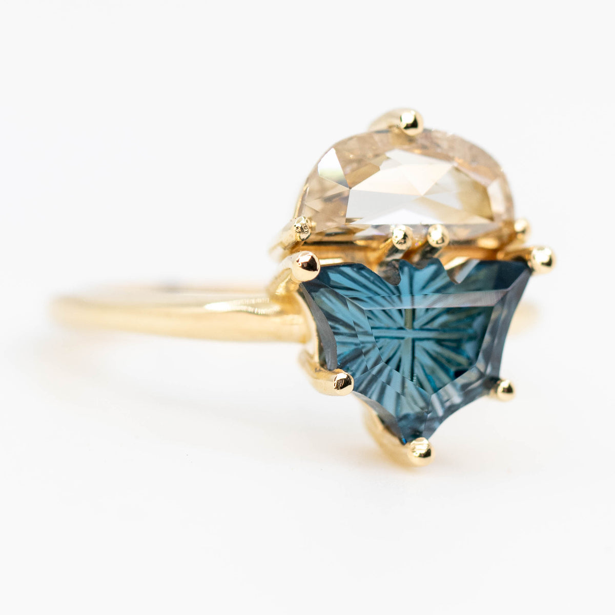 Bat Ring with a Fantasy Cut Topaz and Half Moon Diamond in 14k Yellow Gold - Ready to Size and Ship - Midwinter Co. Alternative Bridal Rings and Modern Fine Jewelry