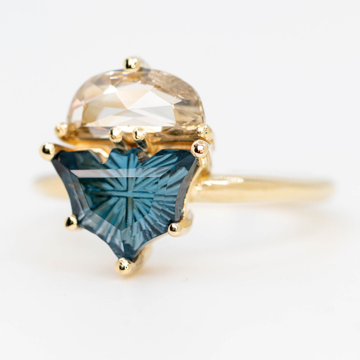 Bat Ring with a Fantasy Cut Topaz and Half Moon Diamond in 14k Yellow Gold - Ready to Size and Ship - Midwinter Co. Alternative Bridal Rings and Modern Fine Jewelry
