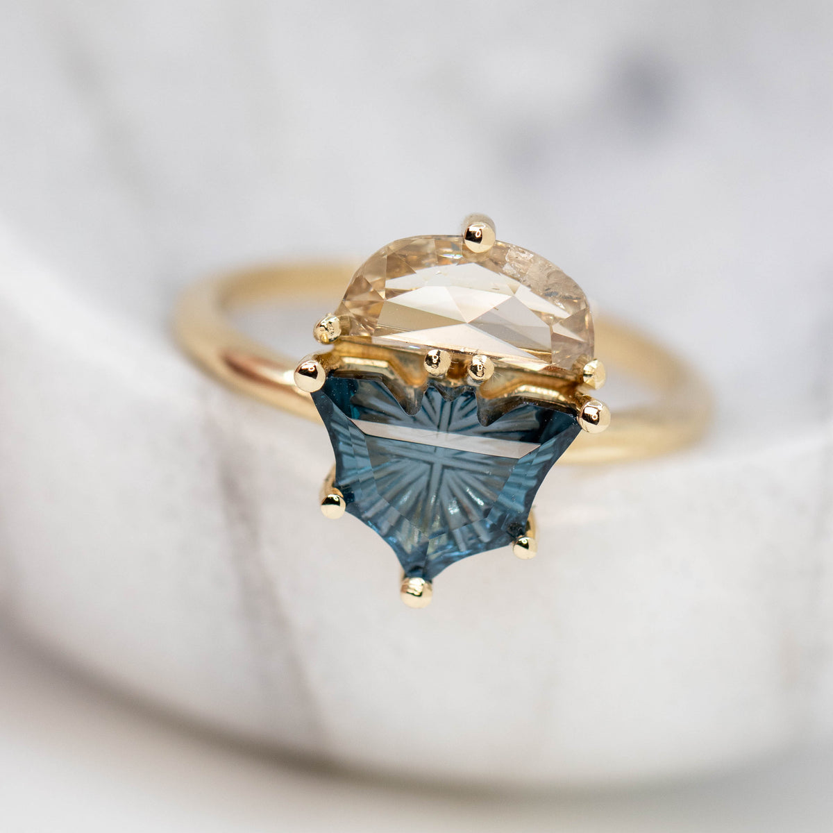 Bat Ring with a Fantasy Cut Topaz and Half Moon Diamond in 14k Yellow Gold - Ready to Size and Ship - Midwinter Co. Alternative Bridal Rings and Modern Fine Jewelry