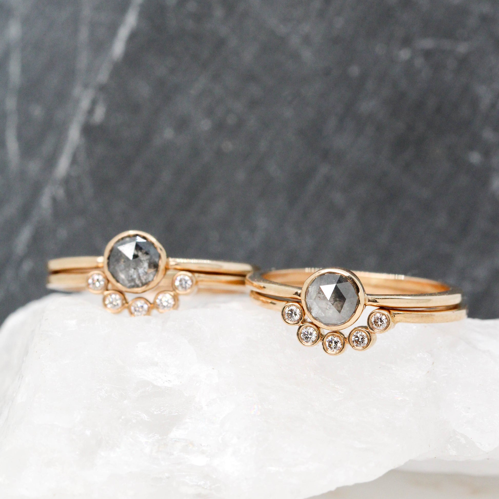 Bezel Ring Set - Rose Cut Solitaire Ring with Matching Band in 14k Champagne Gold - Ready to Ship - Midwinter Co. Alternative Bridal Rings and Modern Fine Jewelry