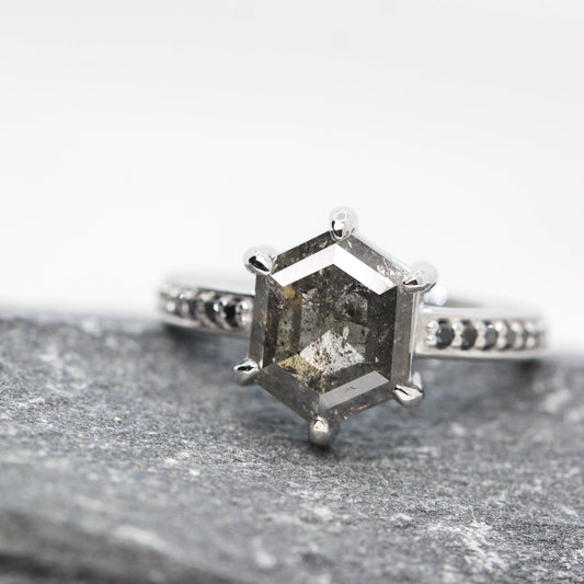Project: Custom Tatum Ring with 2.5 Carat Semi-Translucent Black Hexagon Salt and Pepper Diamond with White Pave Diamonds in 14k - Midwinter Co. Alternative Bridal Rings and Modern Fine Jewelry