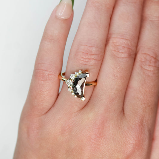 Carell Ring with a 2.73 Carat Crescent Diamond and White Accent Diamonds in 14k Yellow Gold - Ready to Size and Ship