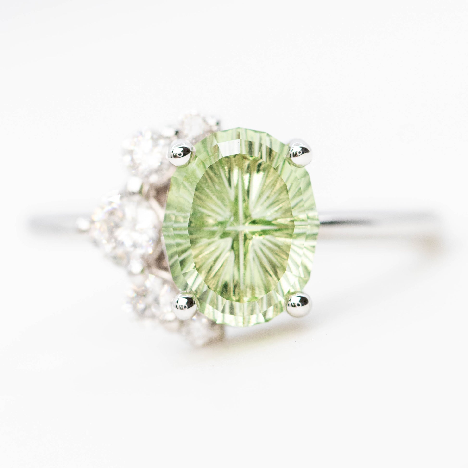 Carell Ring with a 2.72 Carat Fantasy Cut Oval Mint Green Montana Sapphire and White Canadian Accent Diamonds in 14k White Gold - Ready to Size and Ship - Midwinter Co. Alternative Bridal Rings and Modern Fine Jewelry