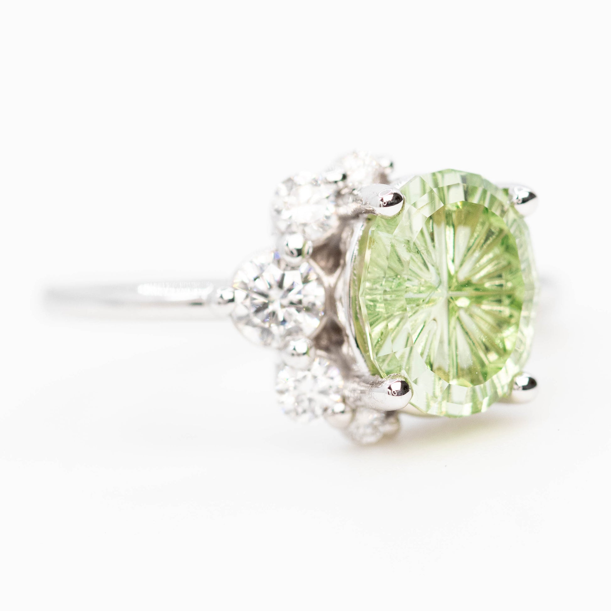 Carell Ring with a 2.72 Carat Fantasy Cut Oval Mint Green Montana Sapphire and White Canadian Accent Diamonds in 14k White Gold - Ready to Size and Ship - Midwinter Co. Alternative Bridal Rings and Modern Fine Jewelry