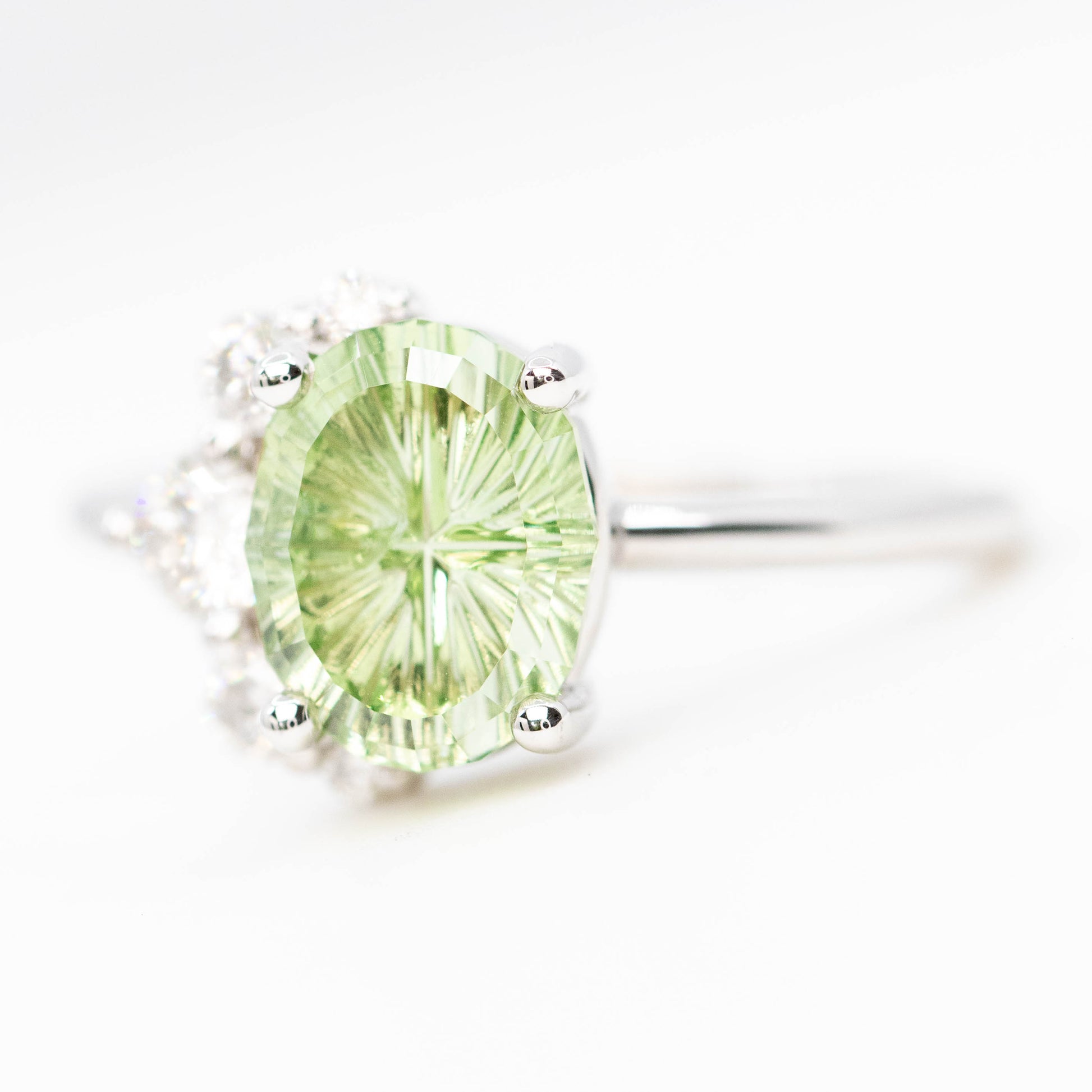 Carell Ring with a 2.72 Carat Fantasy Cut Oval Mint Green Montana Sapphire and White Canadian Accent Diamonds in 14k White Gold - Ready to Size and Ship - Midwinter Co. Alternative Bridal Rings and Modern Fine Jewelry