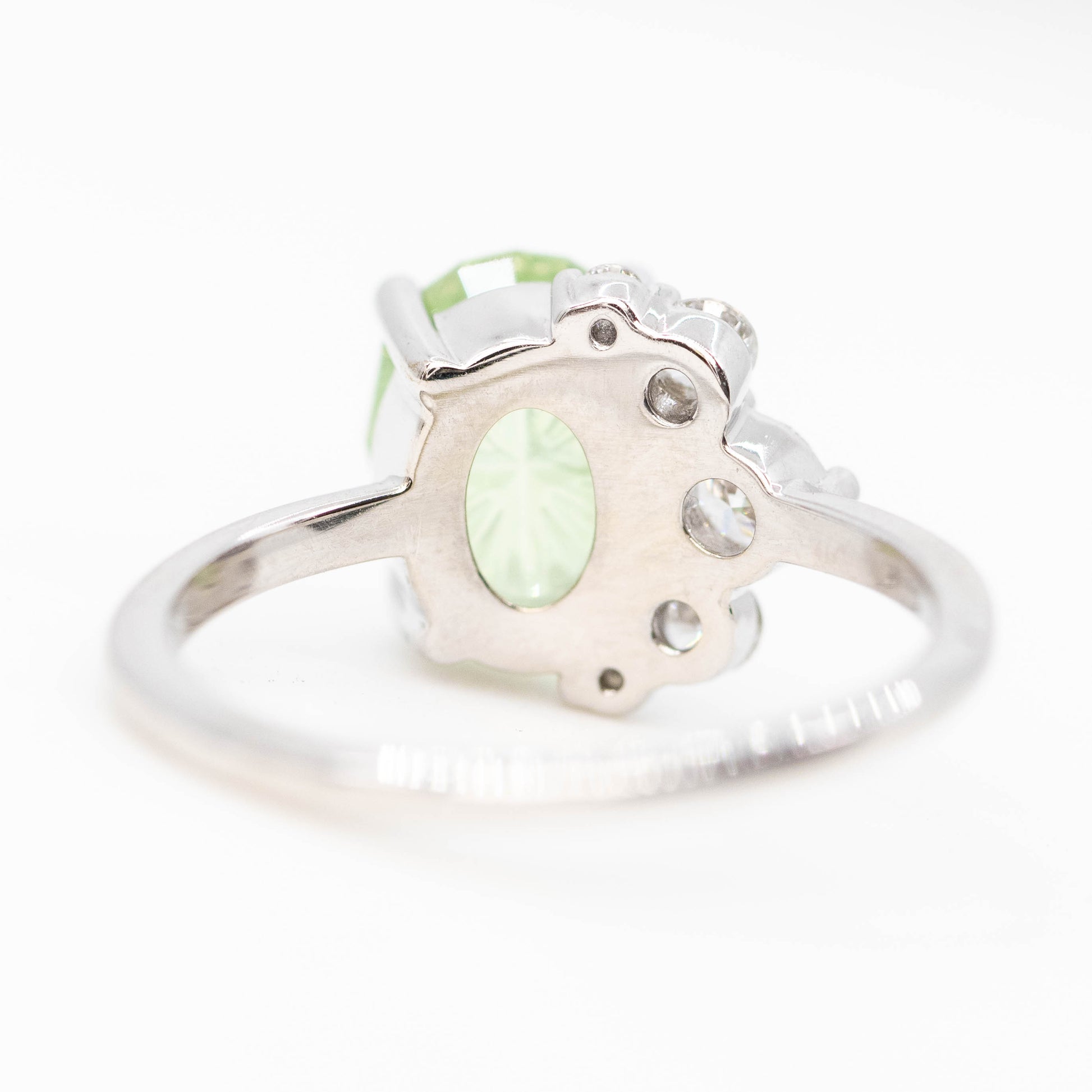 Carell Ring with a 2.72 Carat Fantasy Cut Oval Mint Green Montana Sapphire and White Canadian Accent Diamonds in 14k White Gold - Ready to Size and Ship - Midwinter Co. Alternative Bridal Rings and Modern Fine Jewelry