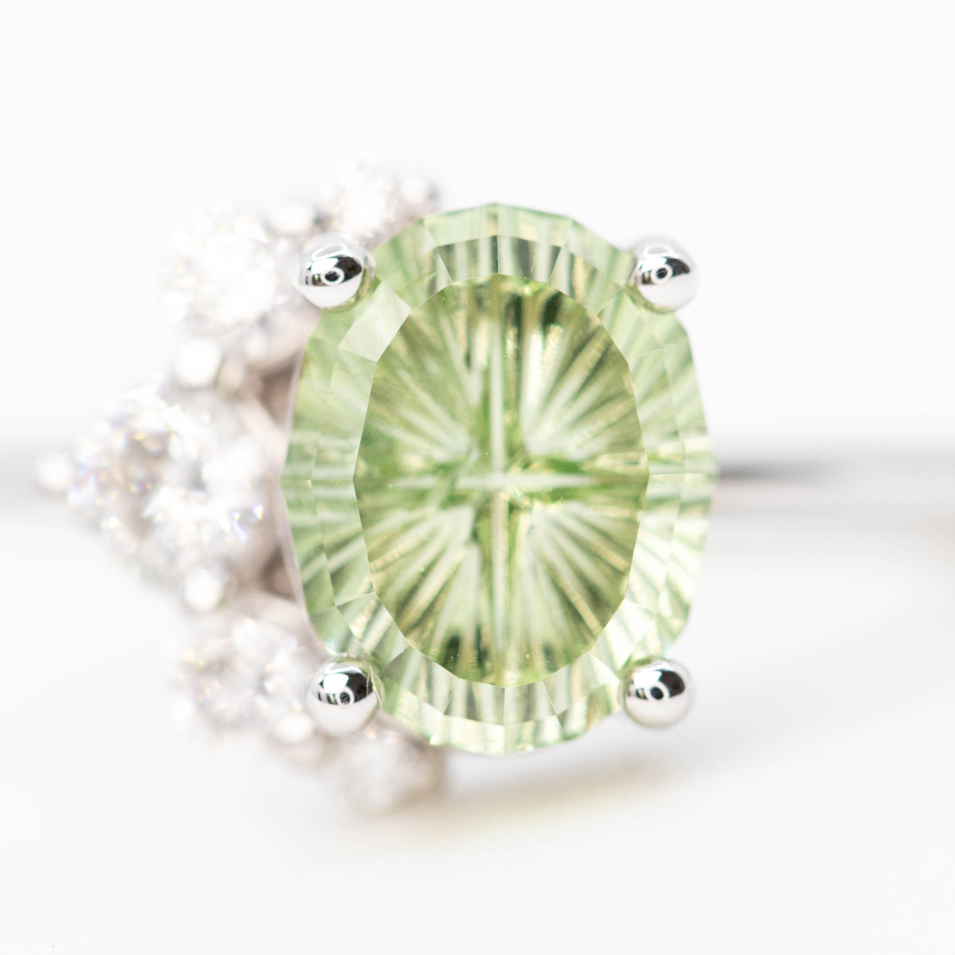 Carell Ring with a 2.72 Carat Fantasy Cut Oval Mint Green Montana Sapphire and White Canadian Accent Diamonds in 14k White Gold - Ready to Size and Ship - Midwinter Co. Alternative Bridal Rings and Modern Fine Jewelry