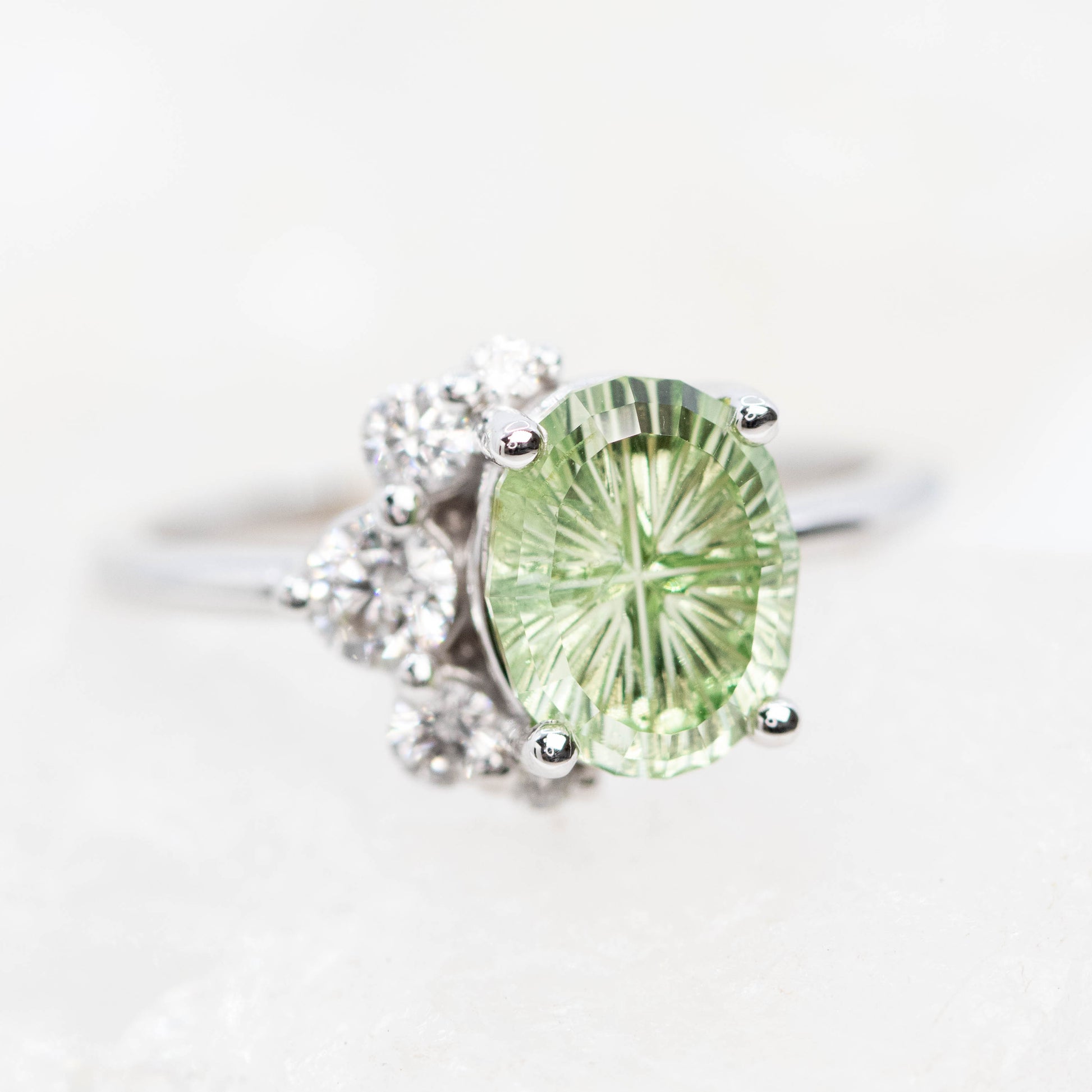 Carell Ring with a 2.72 Carat Fantasy Cut Oval Mint Green Montana Sapphire and White Canadian Accent Diamonds in 14k White Gold - Ready to Size and Ship - Midwinter Co. Alternative Bridal Rings and Modern Fine Jewelry