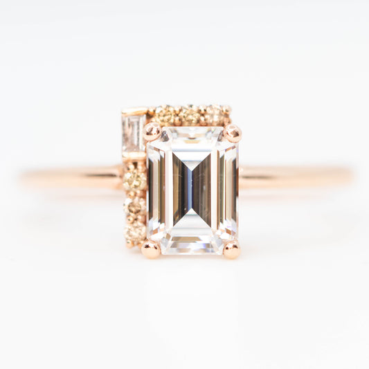 Celine Ring with a 0.92 Carat Emerald Cut Moissanite and Cognac Accent Diamonds in 14k Rose Gold - Ready to Size and Ship
