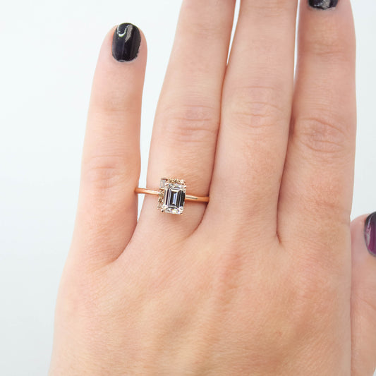 Celine Ring with a 0.92 Carat Emerald Cut Moissanite and Cognac Accent Diamonds in 14k Rose Gold - Ready to Size and Ship