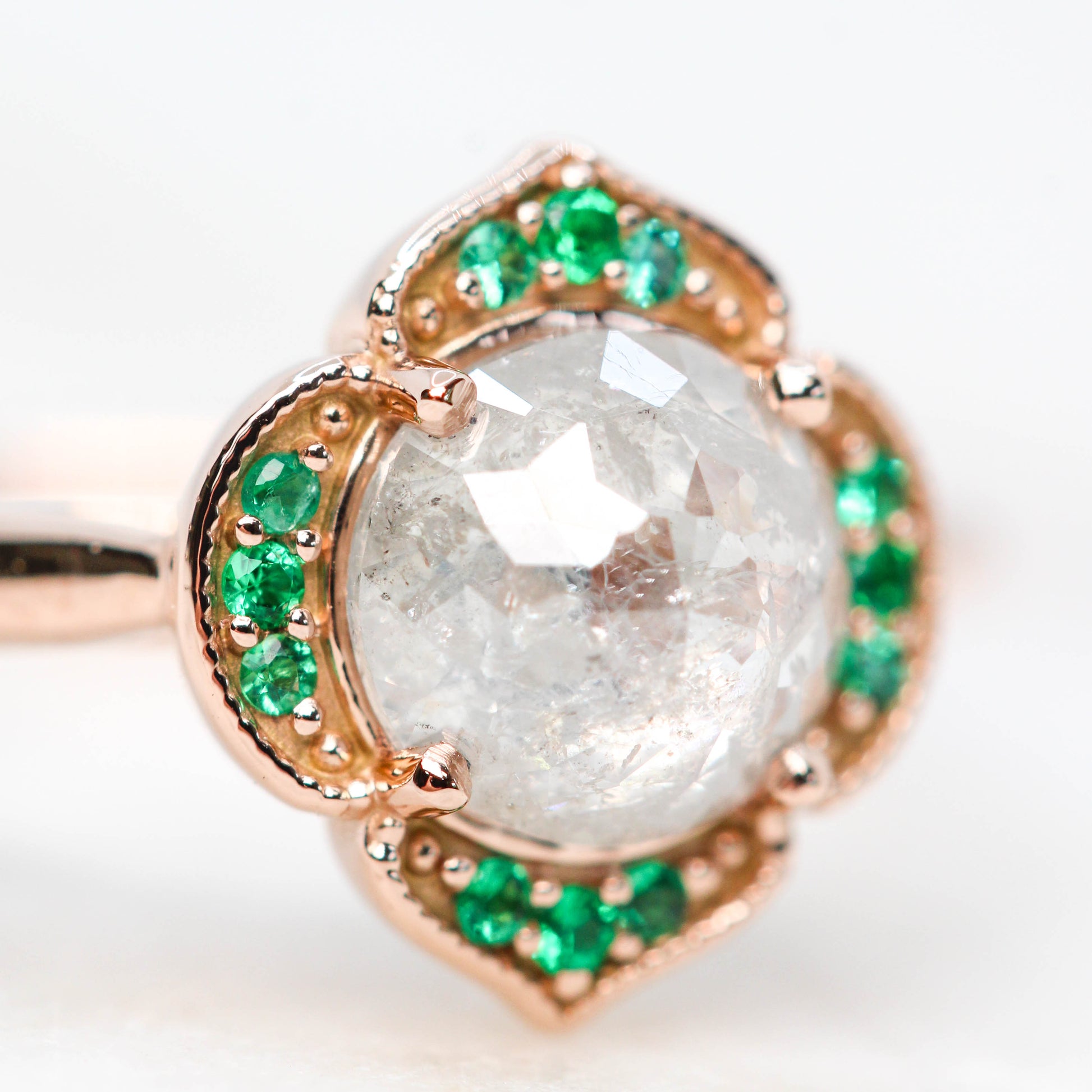 Clementine Ring with a 0.83 Carat Round Misty White Diamond and Round Accent Emeralds in 14k Rose Gold - Ready to Size and Ship - Midwinter Co. Alternative Bridal Rings and Modern Fine Jewelry