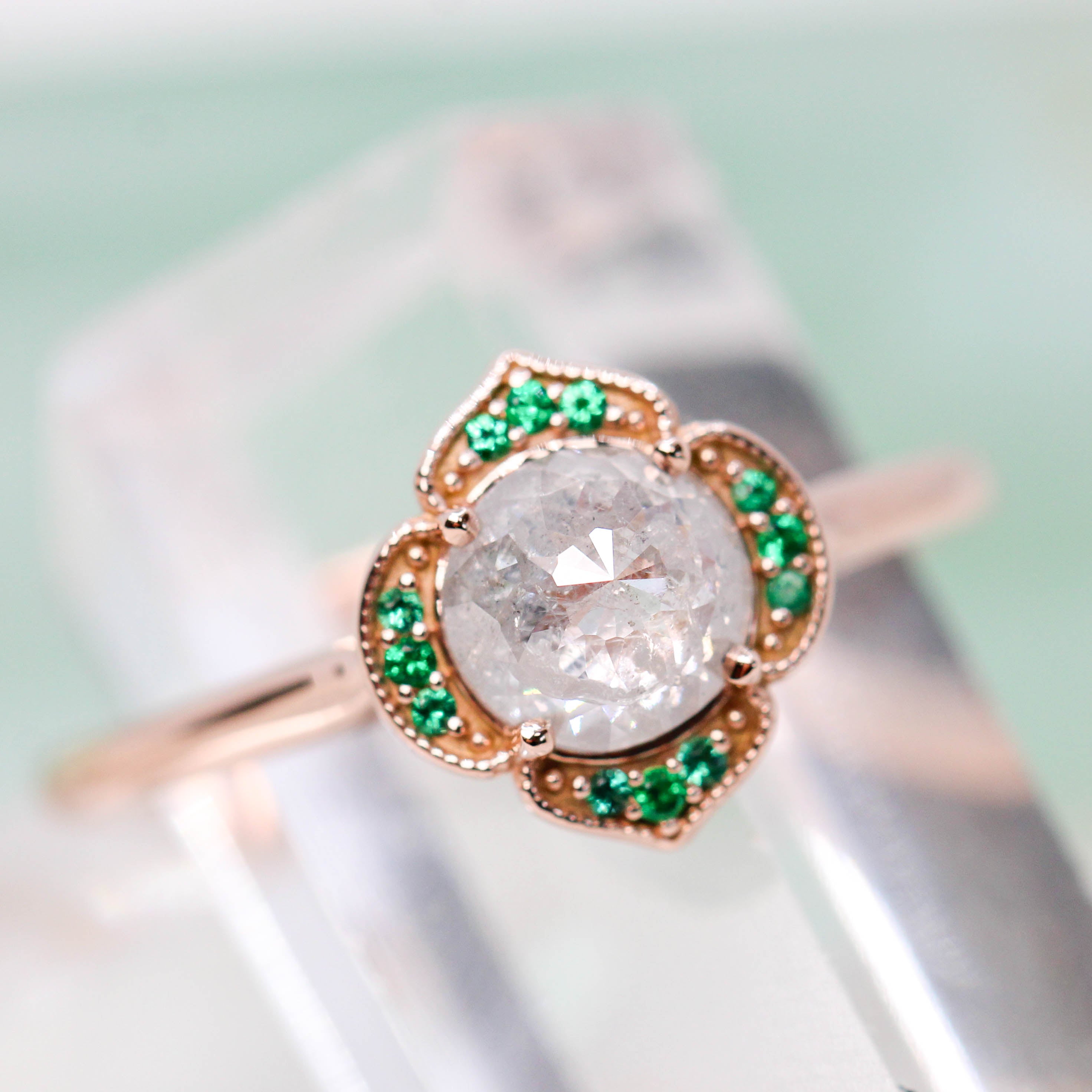 Clementine Ring with a 0.83 Carat Round Misty White Diamond and Round Accent Emeralds in 14k Rose Gold - Ready to Size and Ship - Midwinter Co. Alternative Bridal Rings and Modern Fine Jewelry