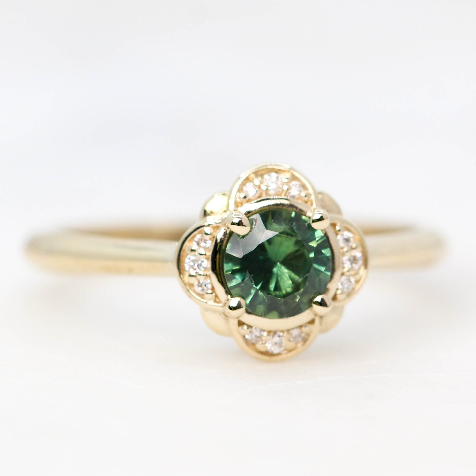 Clover Ring with a 0.47 Carat Green Round Sapphire and White Accent Diamonds in 14k Yellow Gold - Ready to Size and Ship - Midwinter Co. Alternative Bridal Rings and Modern Fine Jewelry