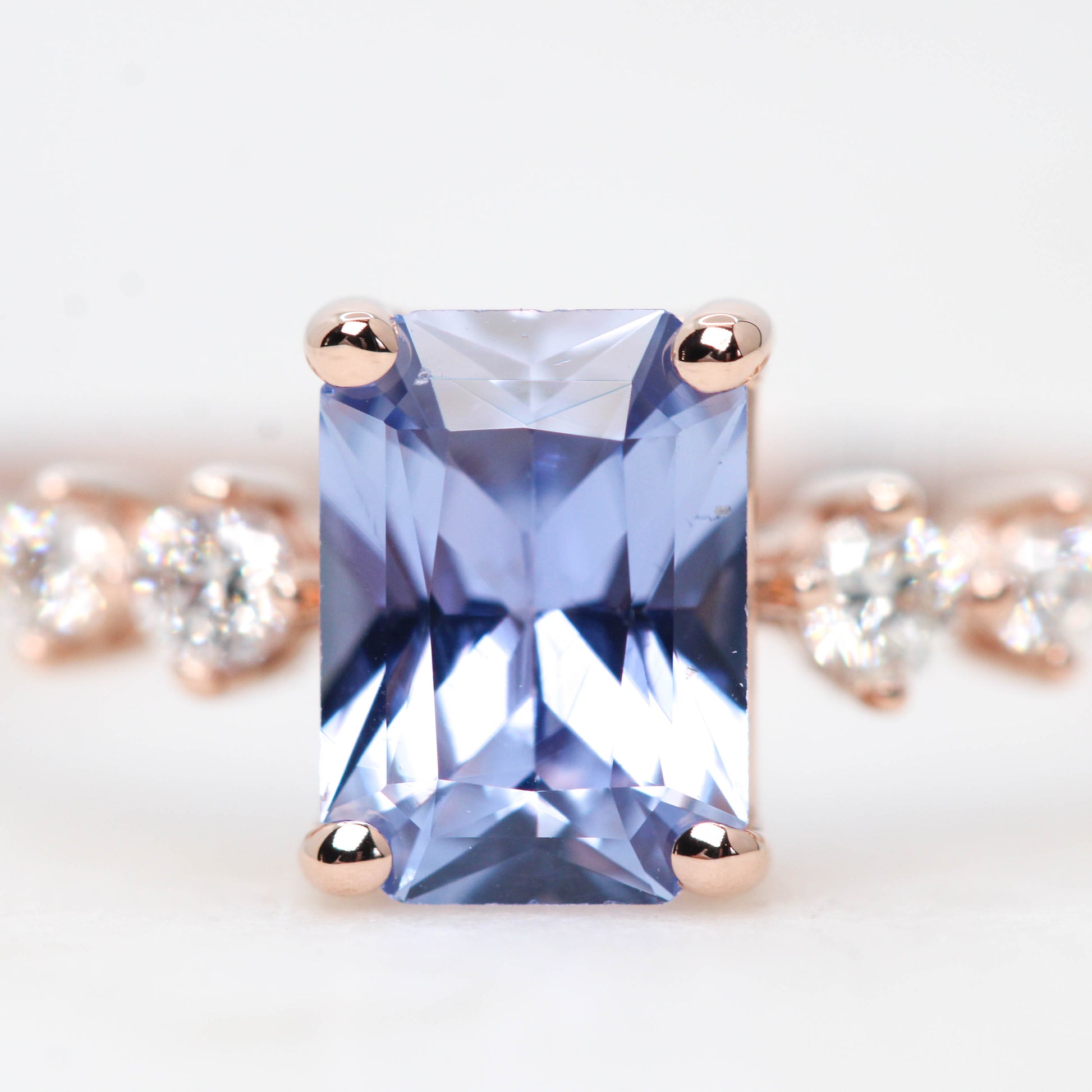 Cordelia Ring with a 0.88 Carat Blue Emerald Cut Sapphire and Diamond Accents in 14k Rose Gold - Ready to Size and Ship - Midwinter Co. Alternative Bridal Rings and Modern Fine Jewelry