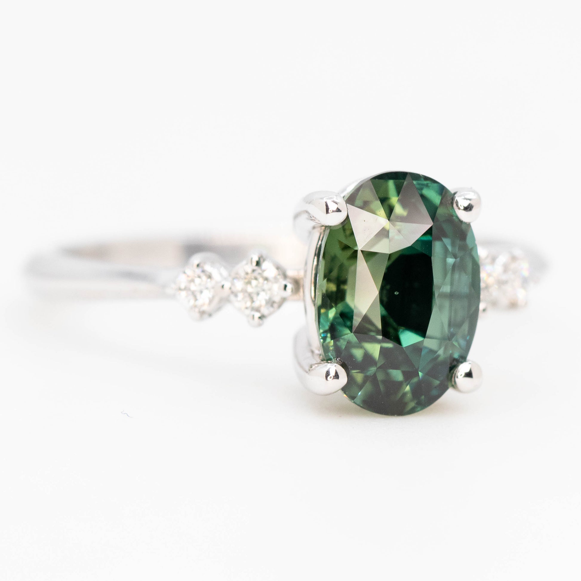 CAELEN (J) Cordelia Ring with a 2.63 Carat Teal Oval Sapphire and White Accent Diamonds in 14k White Gold - Ready to Size and Ship - Midwinter Co. Alternative Bridal Rings and Modern Fine Jewelry