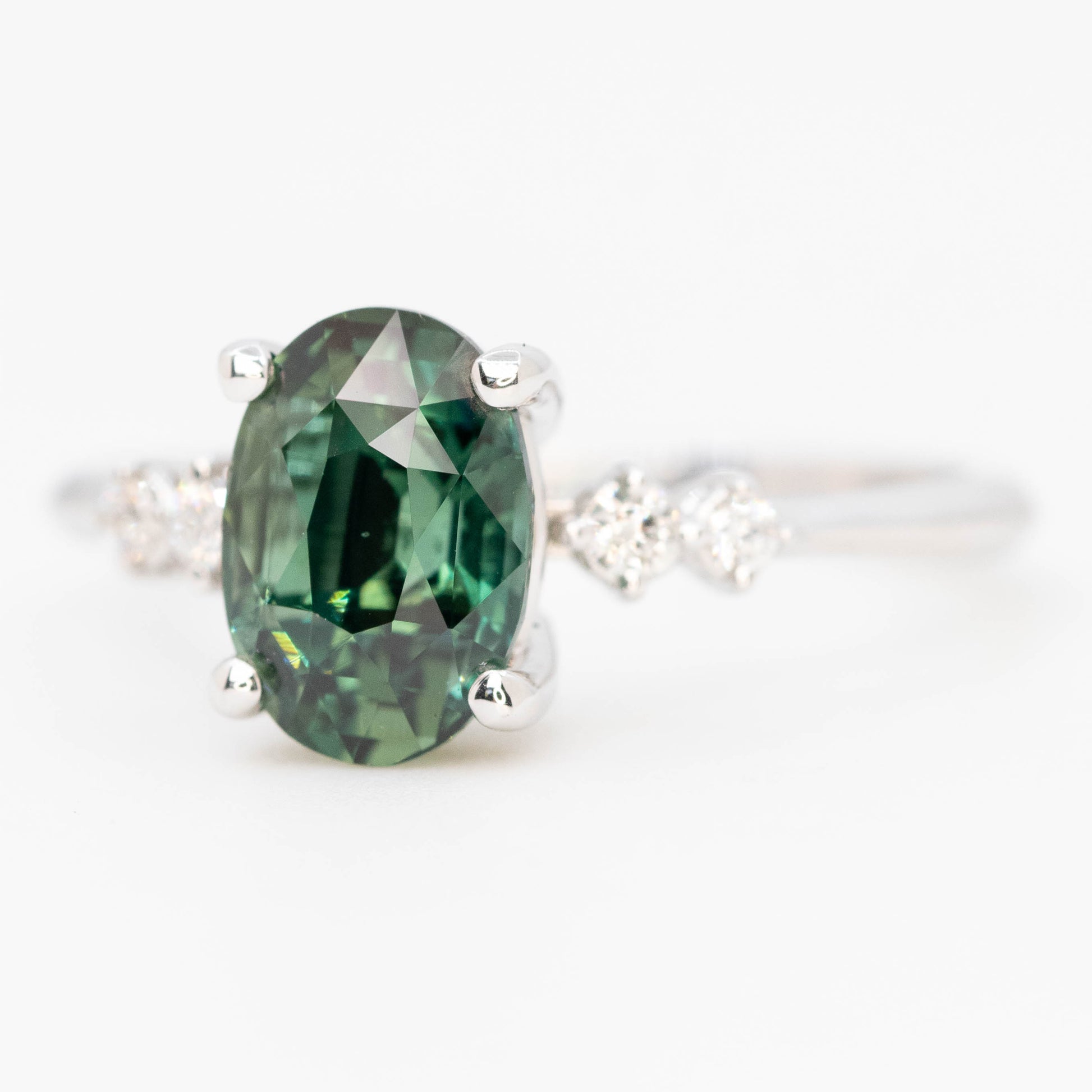 CAELEN (J) Cordelia Ring with a 2.63 Carat Teal Oval Sapphire and White Accent Diamonds in 14k White Gold - Ready to Size and Ship - Midwinter Co. Alternative Bridal Rings and Modern Fine Jewelry