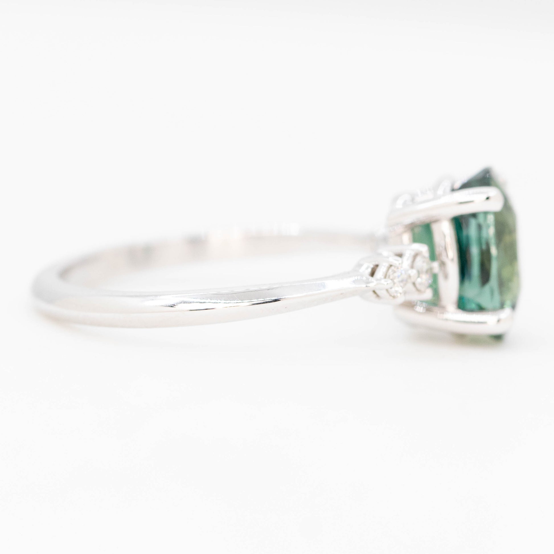 CAELEN (J) Cordelia Ring with a 2.63 Carat Teal Oval Sapphire and White Accent Diamonds in 14k White Gold - Ready to Size and Ship - Midwinter Co. Alternative Bridal Rings and Modern Fine Jewelry