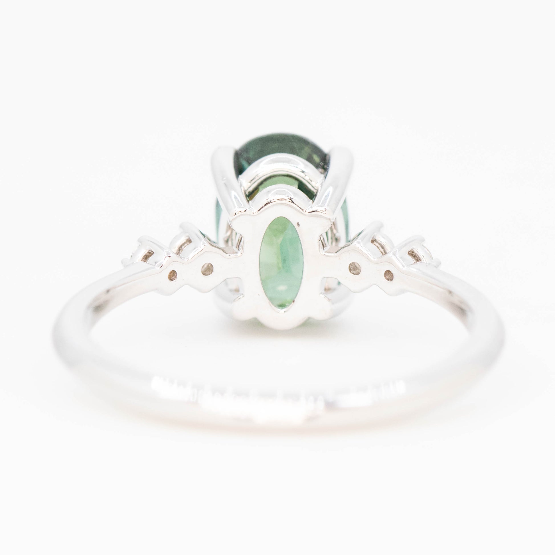 CAELEN (J) Cordelia Ring with a 2.63 Carat Teal Oval Sapphire and White Accent Diamonds in 14k White Gold - Ready to Size and Ship - Midwinter Co. Alternative Bridal Rings and Modern Fine Jewelry