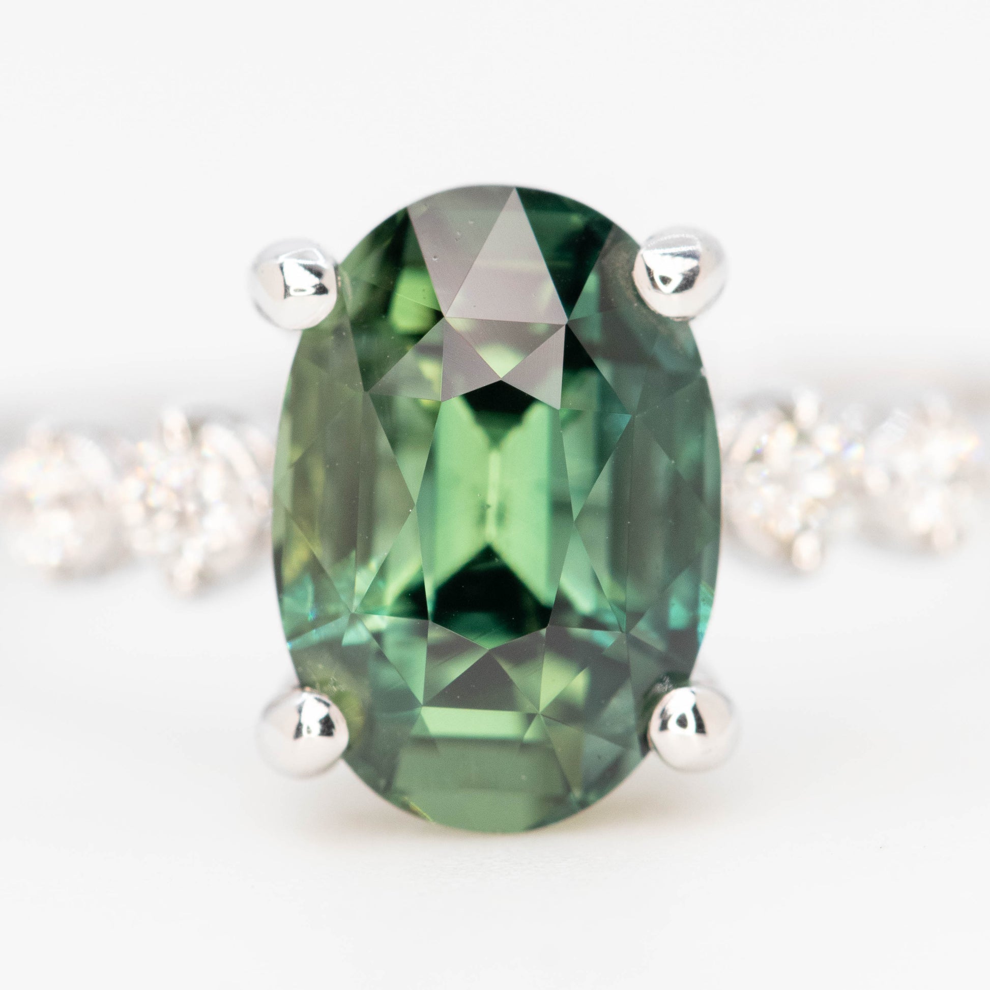 CAELEN (J) Cordelia Ring with a 2.63 Carat Teal Oval Sapphire and White Accent Diamonds in 14k White Gold - Ready to Size and Ship - Midwinter Co. Alternative Bridal Rings and Modern Fine Jewelry
